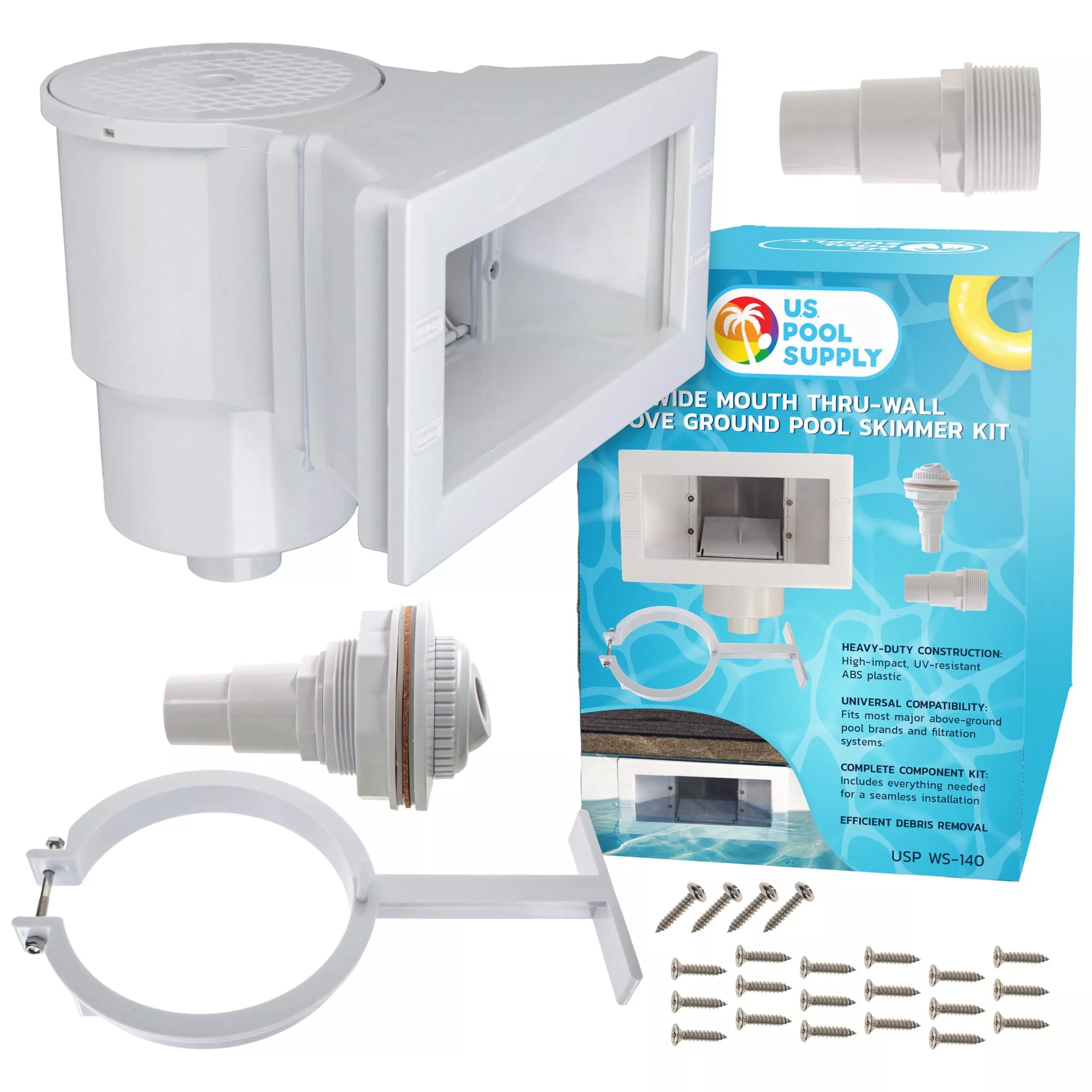 U.S. Pool Supply Wide Mouth Thru-Wall Above Ground Pool Skimmer Kit - ABS Construction, Complete Universal Set, Return Fitting, Vacuum Plate, Leaf Basket - Replacement Compatible with SP1091WM Skimmer