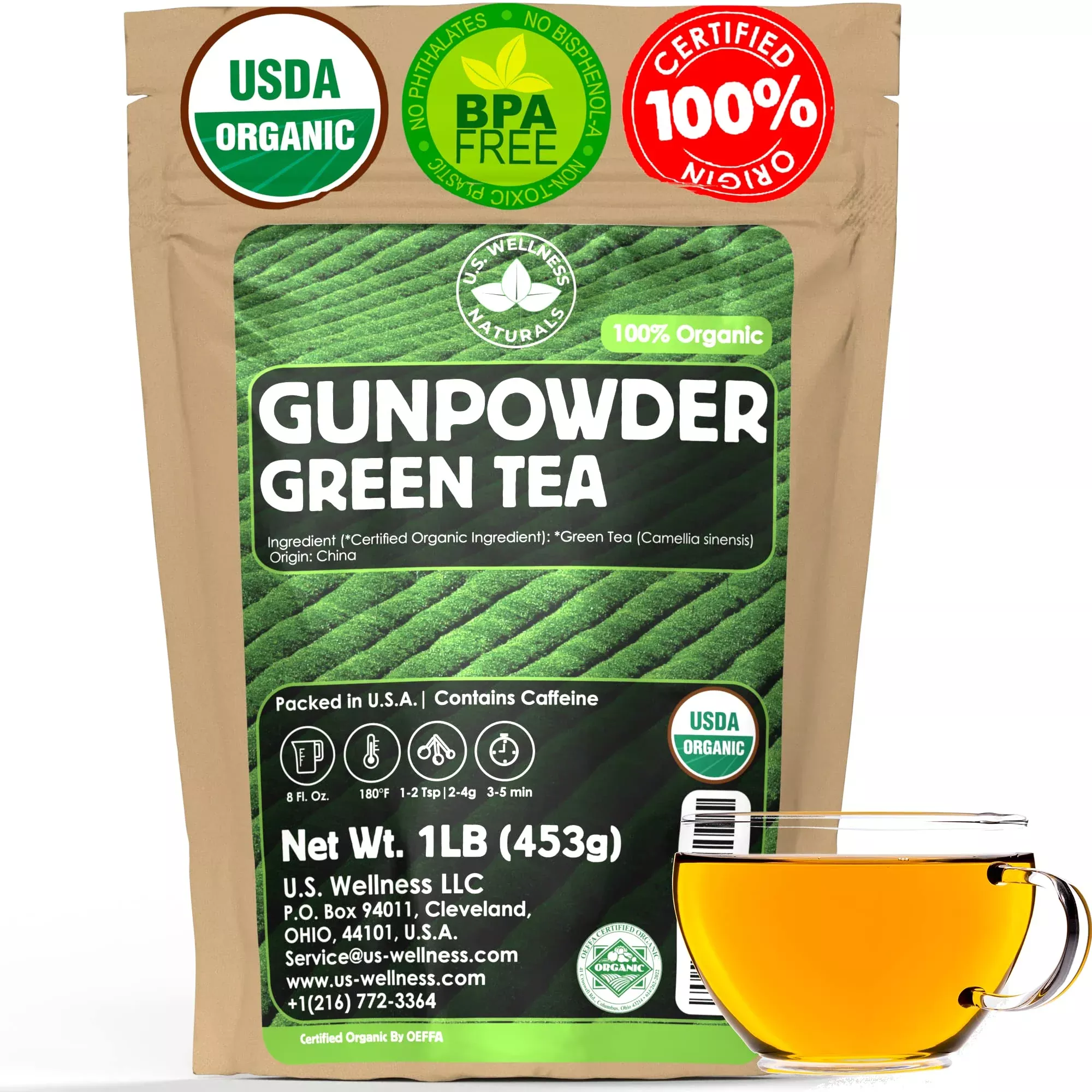 U.S. Wellness Naturals Organic Gunpowder Green Tea | Loose Leaf | Premium Quality | 100% Certified Organic Green Tea |16oz /453g | 200+ Cups