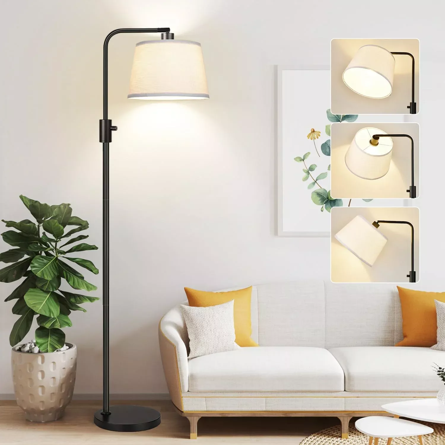 【Upgraded】 Dimmable Floor Lamp, 1000 Lumens LED Edison Bulb Included, Arc Floor Lamps for Living Room Modern Standing Lamp with Linen Shade, Tall Lamp for Bedroom Office Dining Room- Black