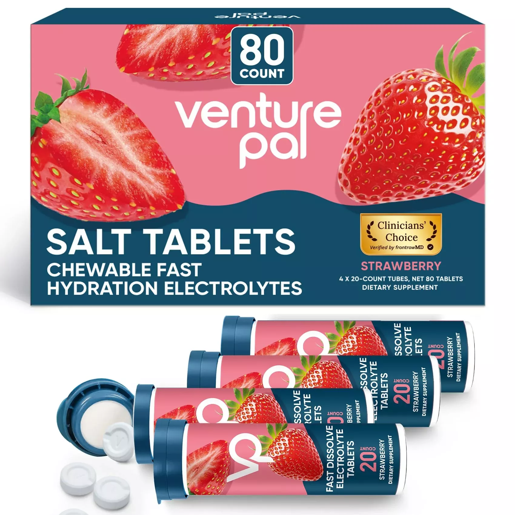 Venture Pal Chewable Electrolyte Tablets, 80 Count Fast-Dissolve Sugar-Free Stick Salt Tablets,Gluten Free – Variety Pack for Rapid Hydration, Outdoor Running, Hiking | Keto & Vegan Friendly | 4 Pack