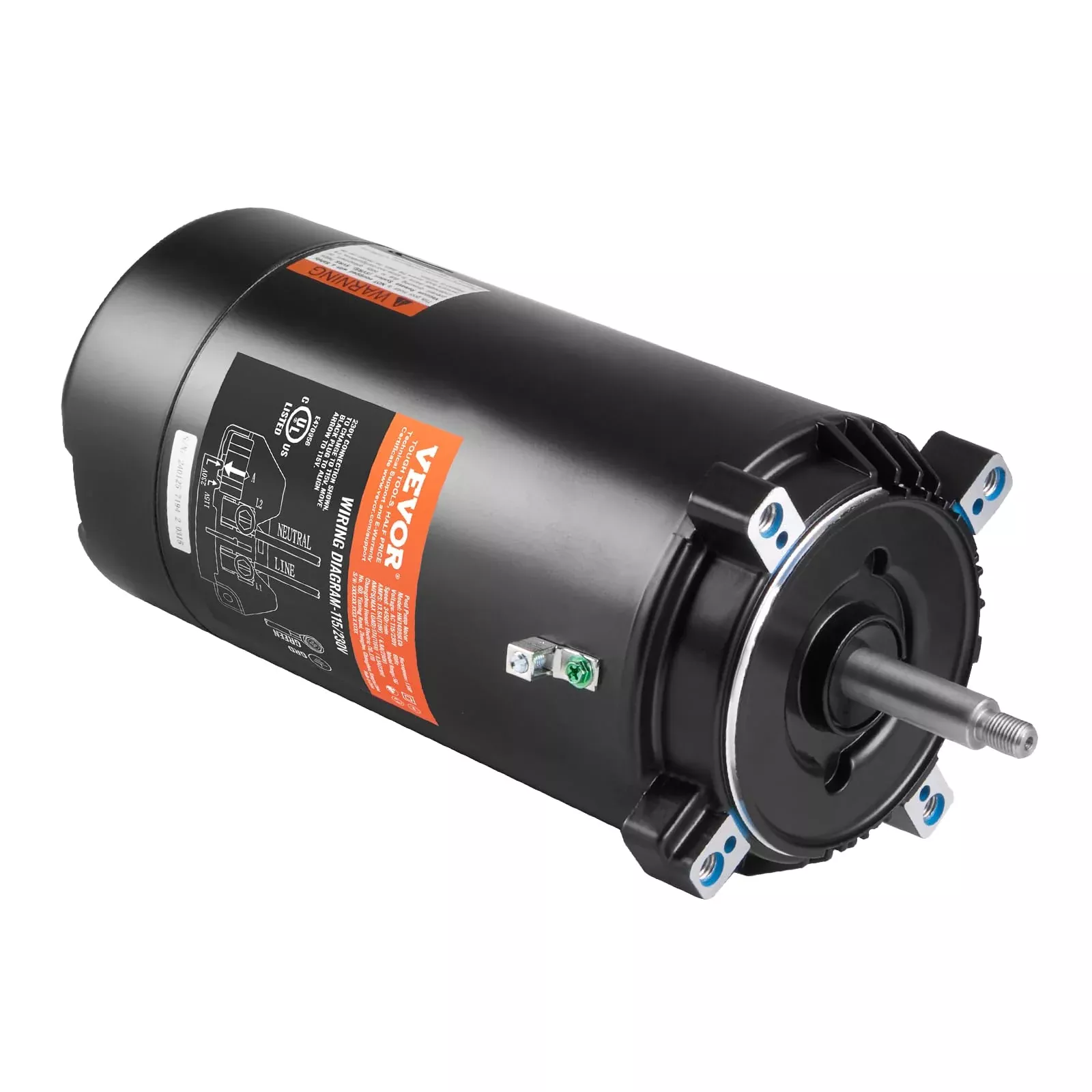 VEVOR 1.5 HP Pool Pump Motor, 56J Frame, 115V(13.6 Amps) /230V(6.8 Amps) 3450 RPM, 60Hz, 1.3 Service Factor, 90μF /250V Capacitor, CCW Rotation Round Flange Replacement Motor
