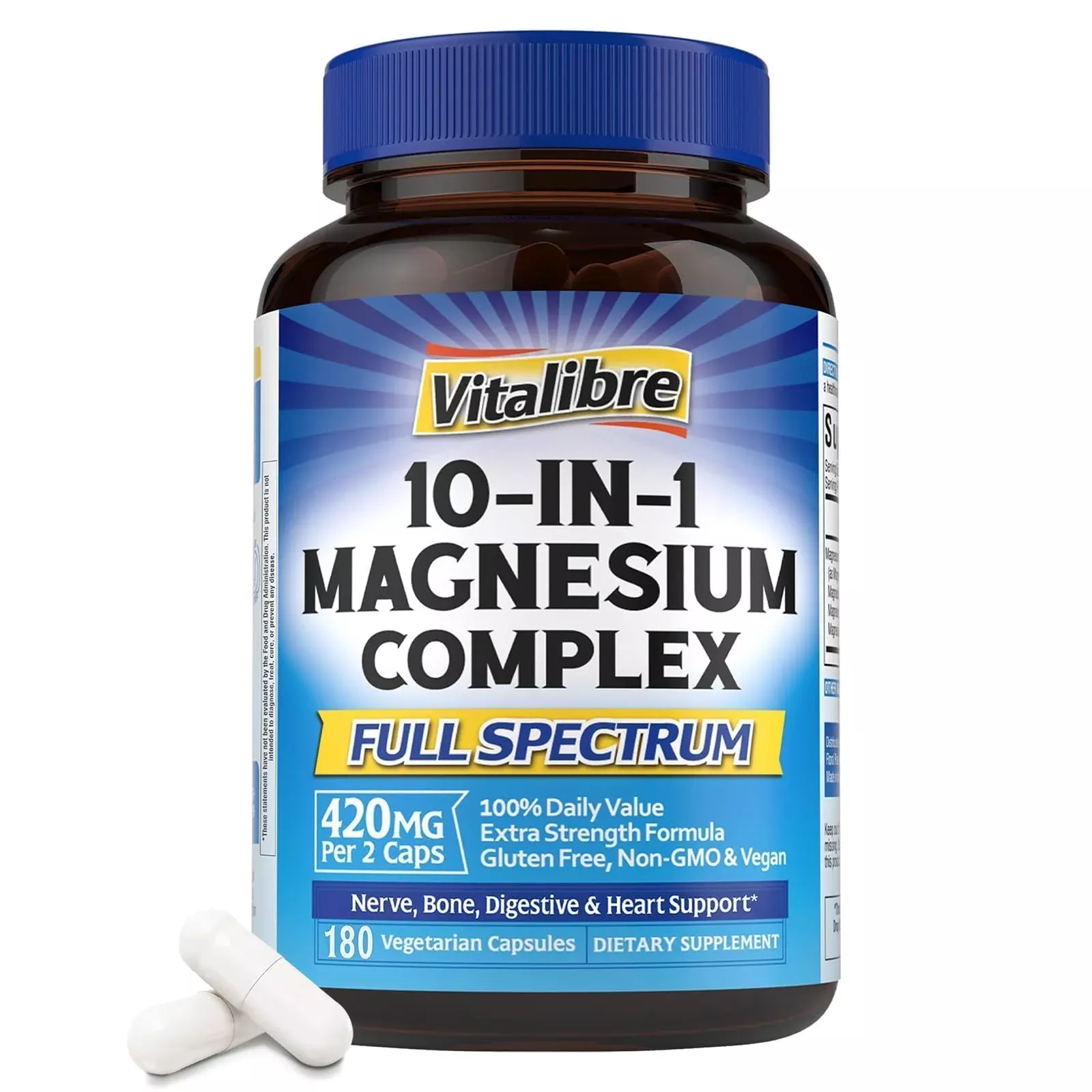 Vitalibre 10 in 1 Magnesium Complex, 420mg Elemental Magnesium | Ultra Strength, Max Absorption | Chelated Magnesium Supplement for Nerves, Bone & Heart Health | Non-GMO, 120 Vegan Capsules