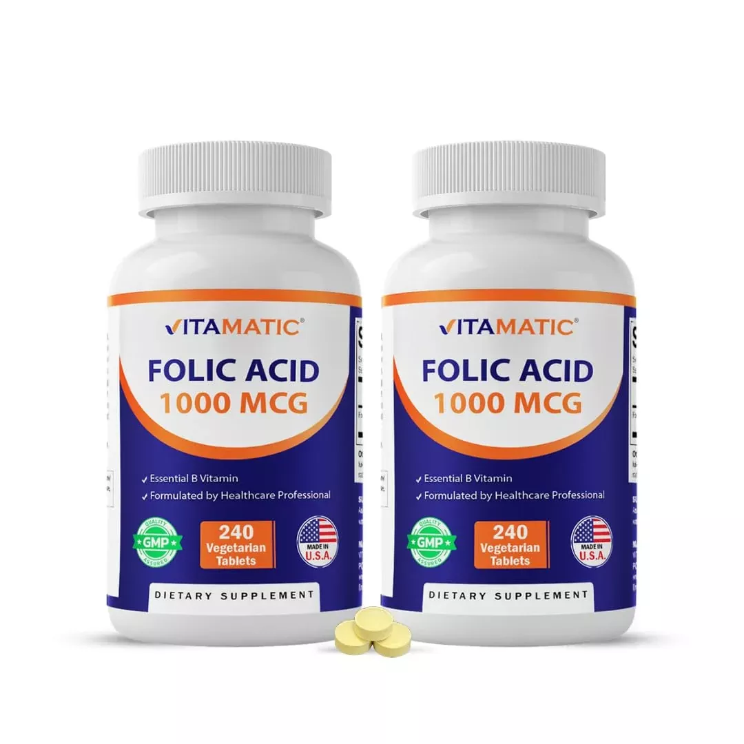 Vitamatic Folic Acid 1000 mcg (1 mg) – 240 Vegetarian Tablets (Pack of 2) 1667 mcg DFE – Vitamin B9 for Prenatal, Heart & Cellular Health