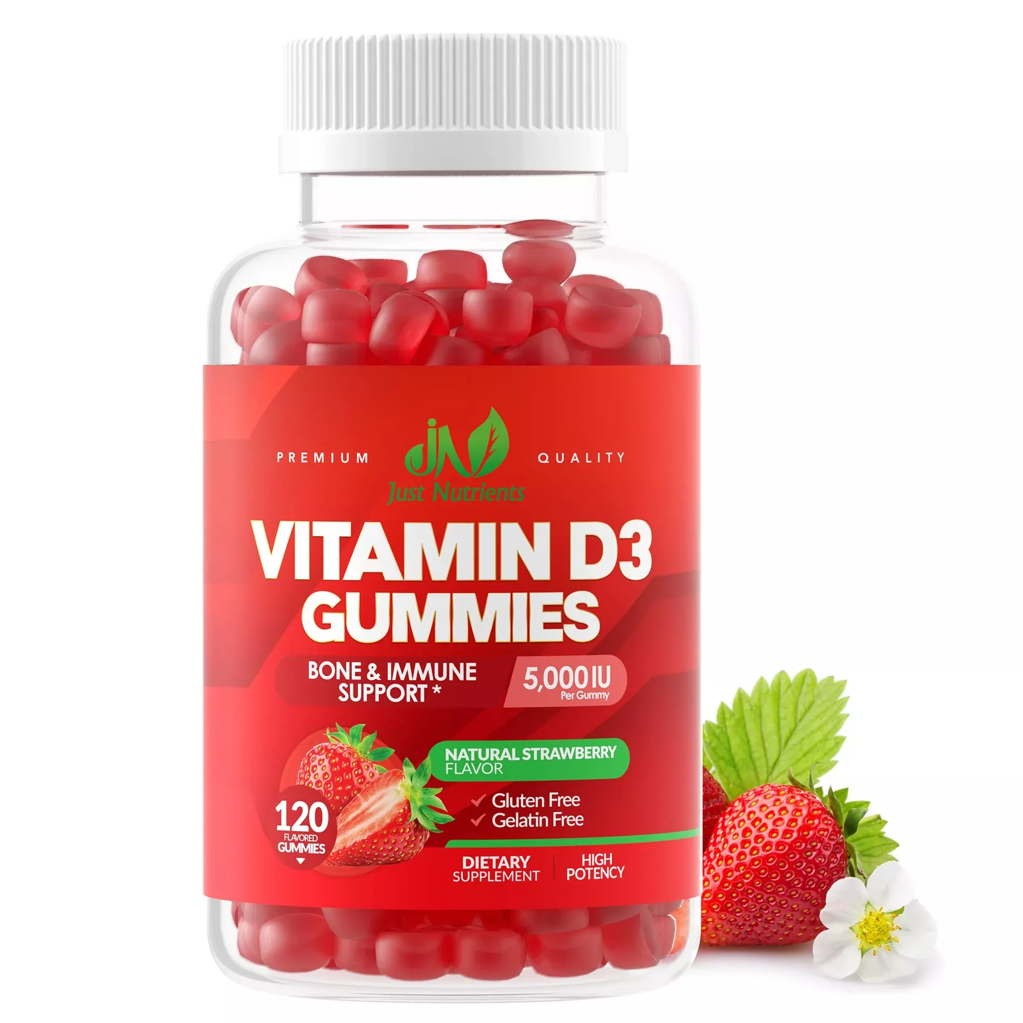 Vitamin D3 5000IU/ 10,000IU Gummies for Adults & Kids (120 Count) - Maximum Strength Support for Immune System, Bones & Teeth - Gluten-Free, Non-GMO, Great Tasting Strawberry Flavor - 4 Month Supply