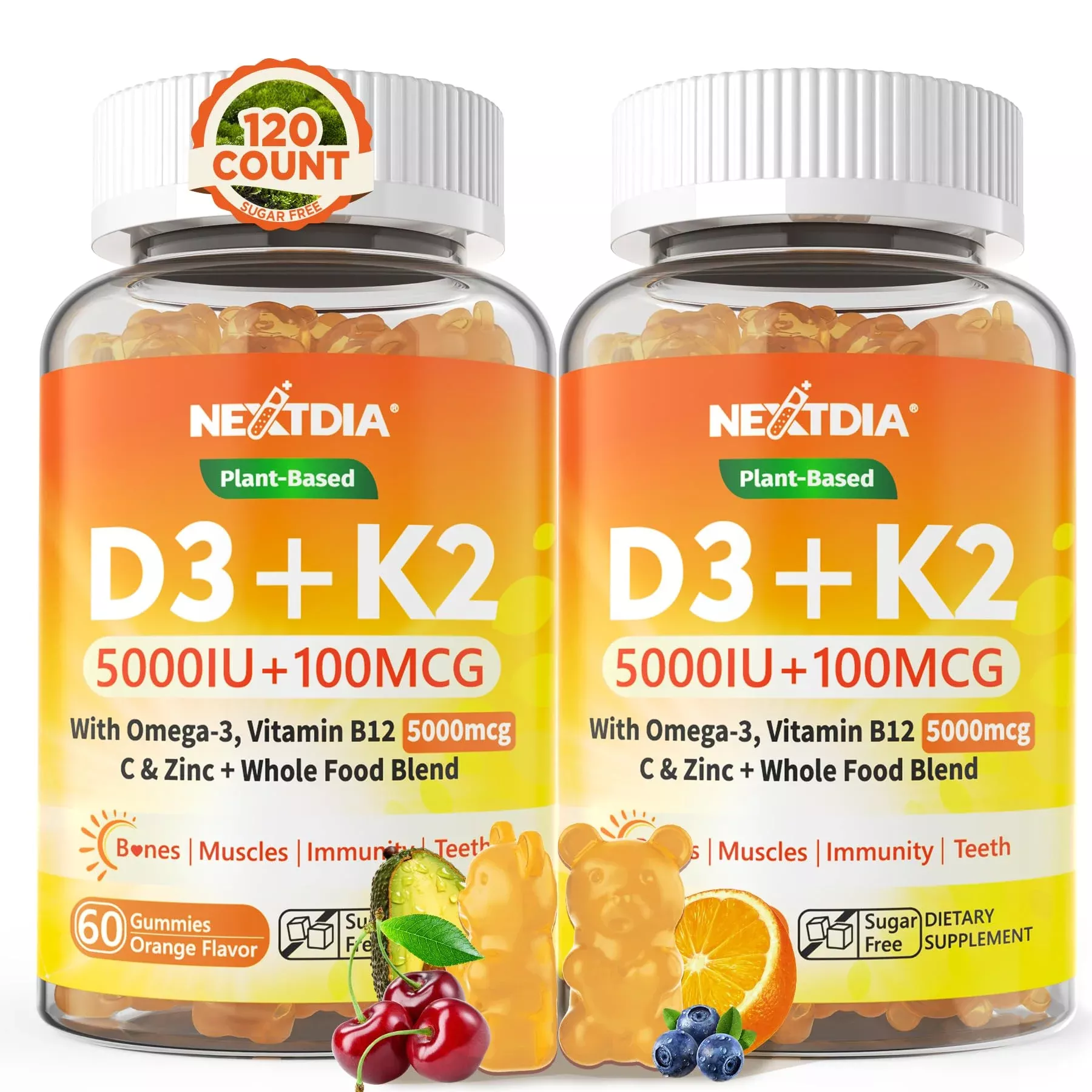 Vitamin D3 K2 Gummies 5000IU/ 10,000 IU with Omega-3 250mg+K2(MK-7) 100mcg -5X Absorption Than Standard D3K2,with Vitamin C,Zinc,and 5 Organic Vegetables,Supports Bone & Teeth Strength, Immune,1 Pack