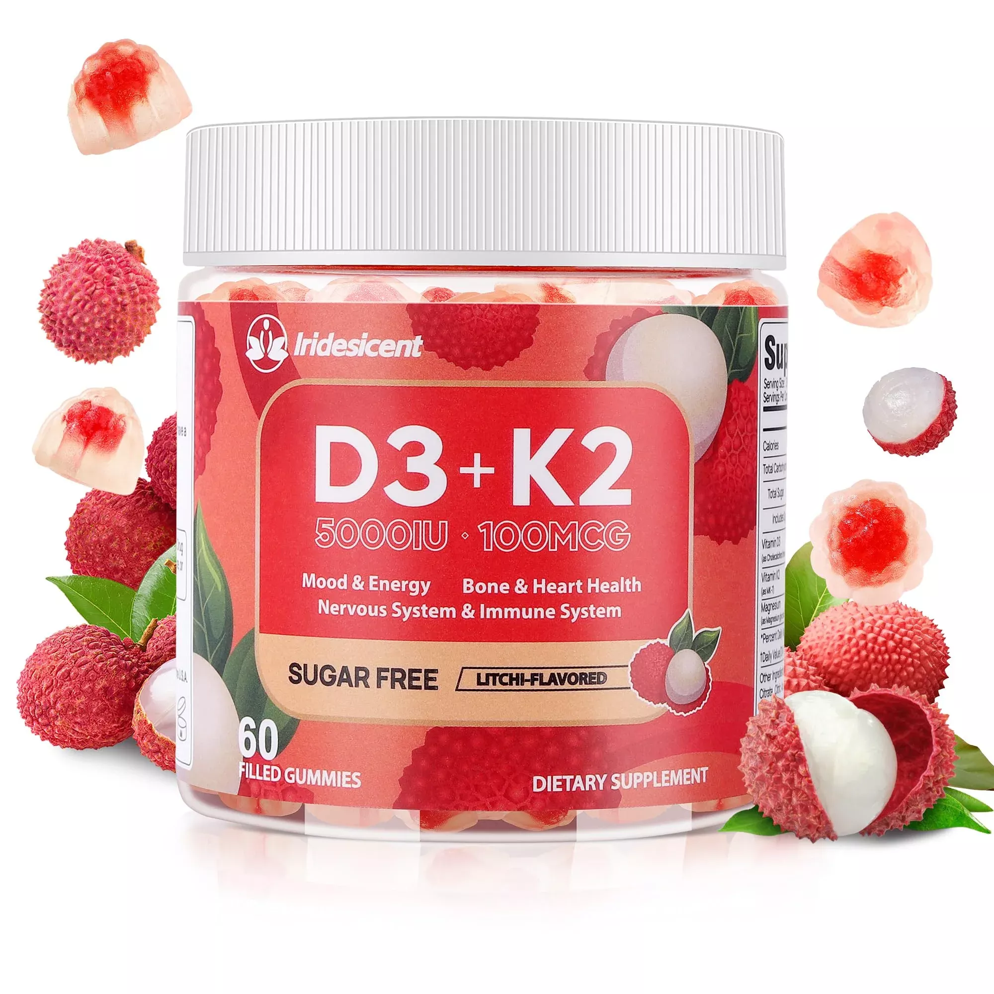 Vitamin D3 K2 Gummies w /Magnesium Sugar Free - 60 Count | D3 Vitamin 5,000 IU + K2(MK-7) 100 mcg - Vegan K2 D3 Vitamin Supplement, Highly Absorbent Supports Bone, Muscle, Mood & Immune(Lychee Flavor)