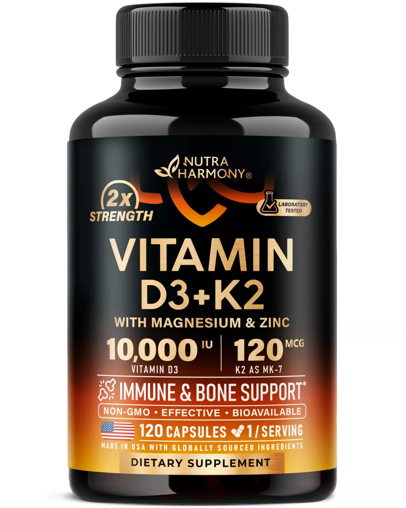 Vitamin D3 K2 - Vitamin D3 10000 iu & K2 as MK-7 120 mcg - Immune & Mood Support, for Bone & Teeth Health - with Magnesium, Zinc & Vitamin C & B12 - Highly Bioavailable - Gluten Free, 120 Capsules