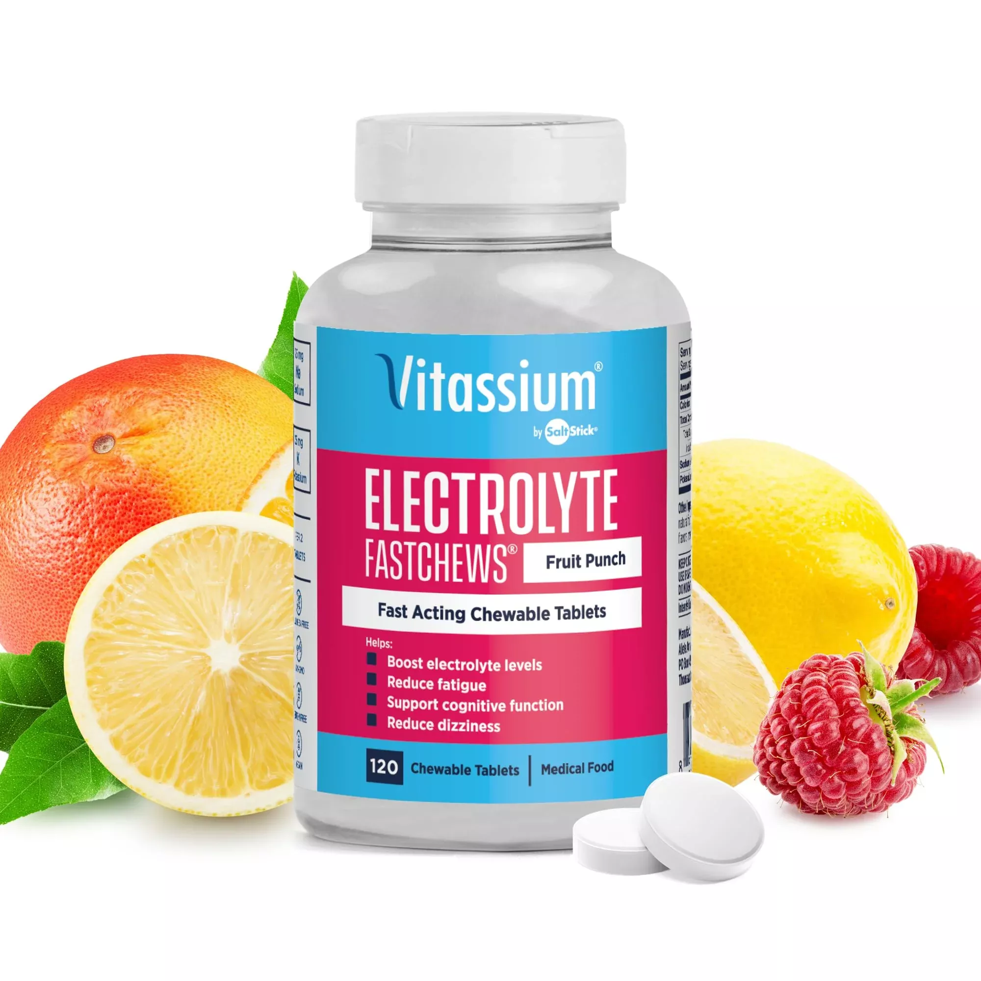 Vitassium FastChews, Chewable Electrolyte Tablets for Management of POTS and High Sodium Diets, Fast-Acting Sodium Tablets, Fruit Punch, 60 Count