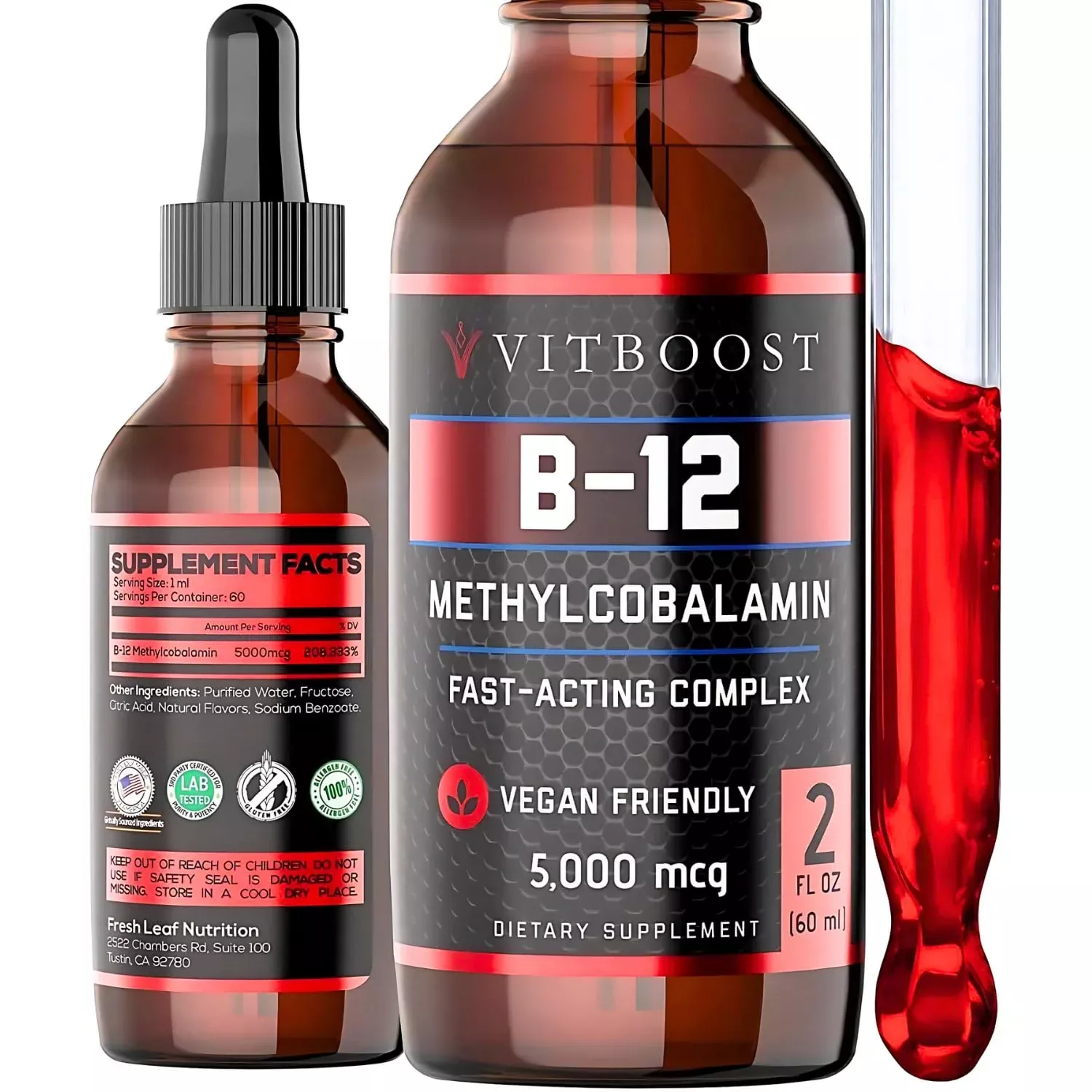 VITBOOST Vegan Liquid B-12 Drops – 60 x 5000 mcg Extra Strength Raspberry Flavored Vitamin B12 Liquid Methylcobalamin sublingual Supplement | Designed to Maximize Absorption & Energy | Gluten Free