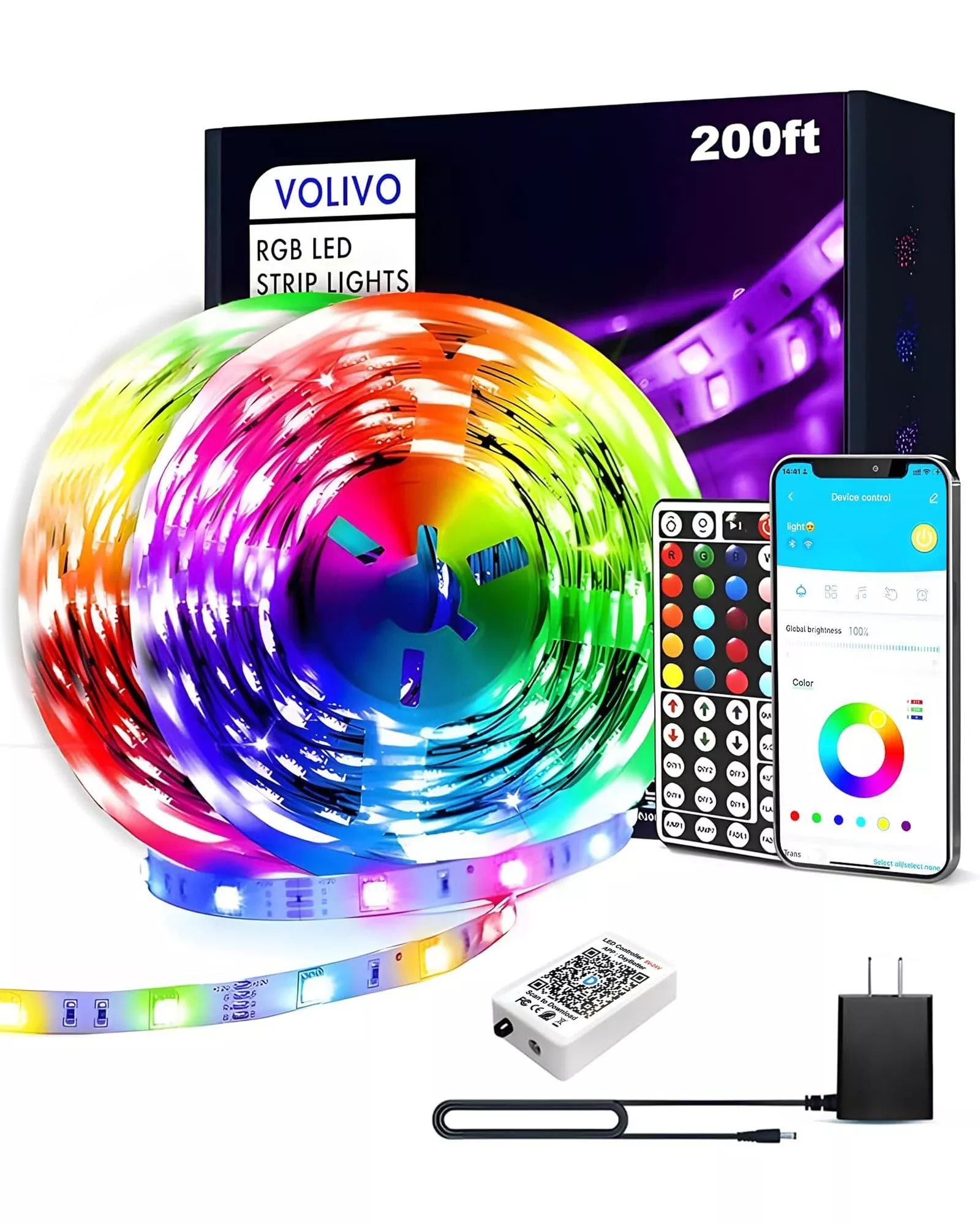 VOLIVO LED Strip Lights for Bedroom 200ft(2 Rolls of 100 ft), Smart Bluetooth RGB Light Strips with App Control & Music Sync, Color Changing LED Lights for Room, Home, Party Decor