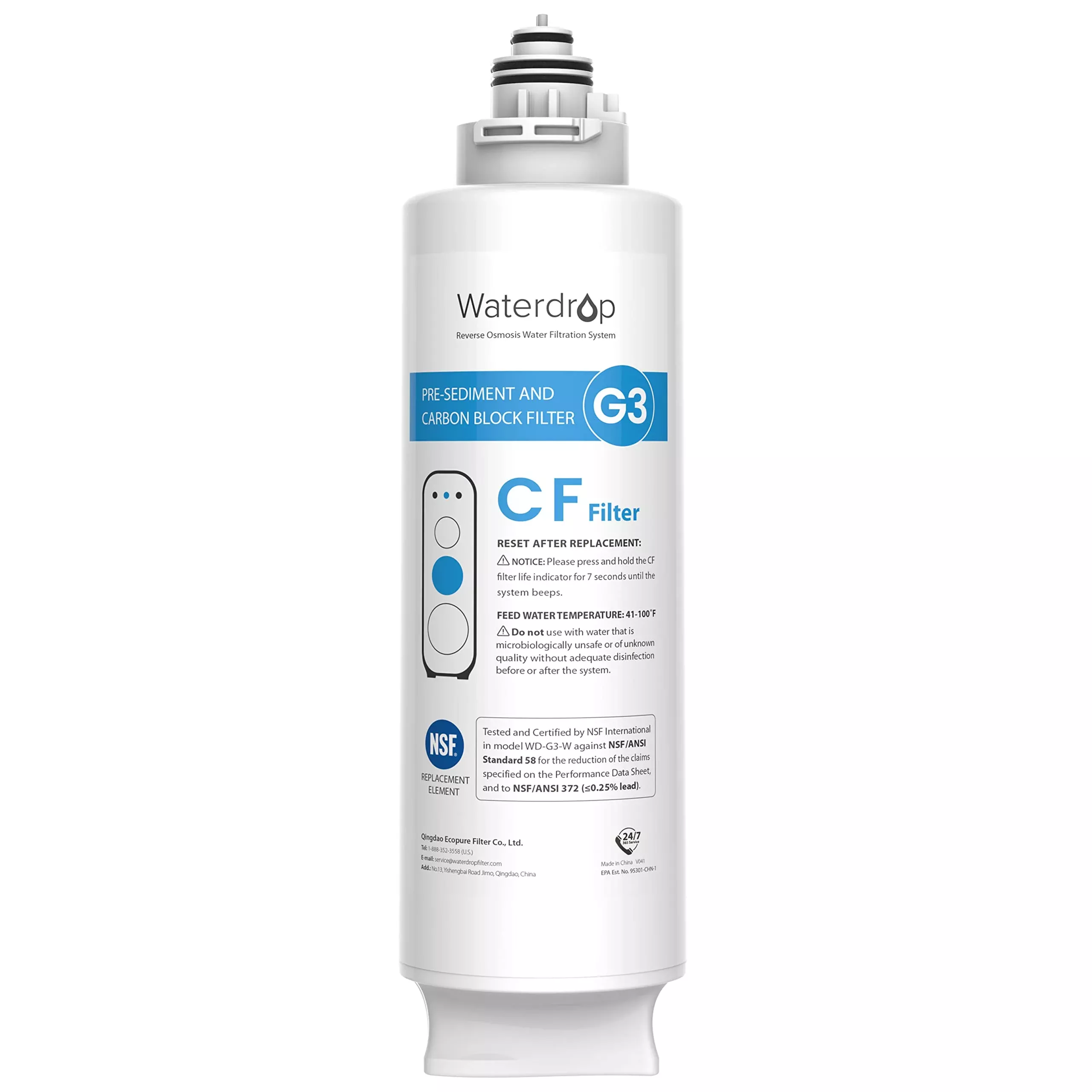 Waterdrop G3-N1CF Filter, Replacement for Waterdrop G3-W & G3P600 & G3P800 Reverse Osmosis System, 6-month Lifetime