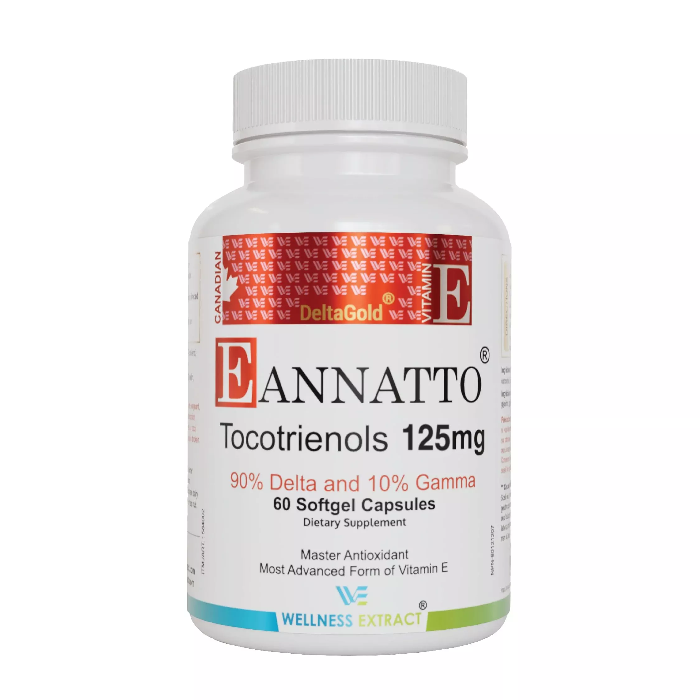 WELLNESS EXTRACT Eannatto Tocotrienols Vitamin E Supplements Tocopherol Free, Non-GMO, Gluten Free & Antioxidant (125MG 60 Softgels)