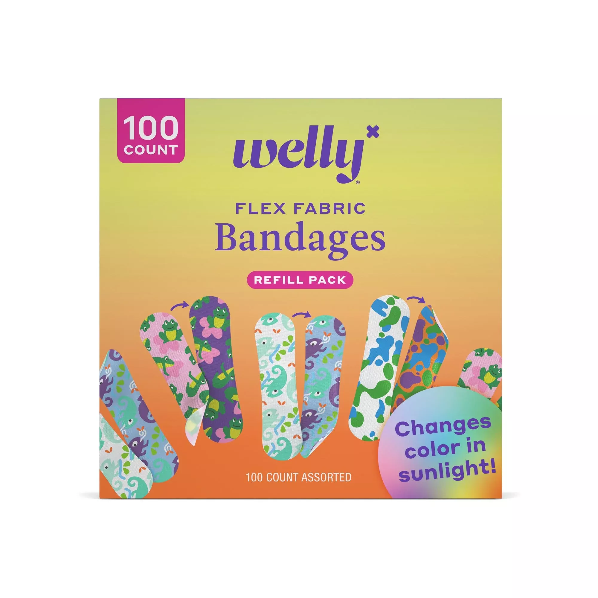 Welly Bandage Color Changing Refill Pack | Adhesive Flexible Fabric Bandages | Assorted Shapes and Patterns for Minor Cuts, Scrapes, and Wounds - 100 Count