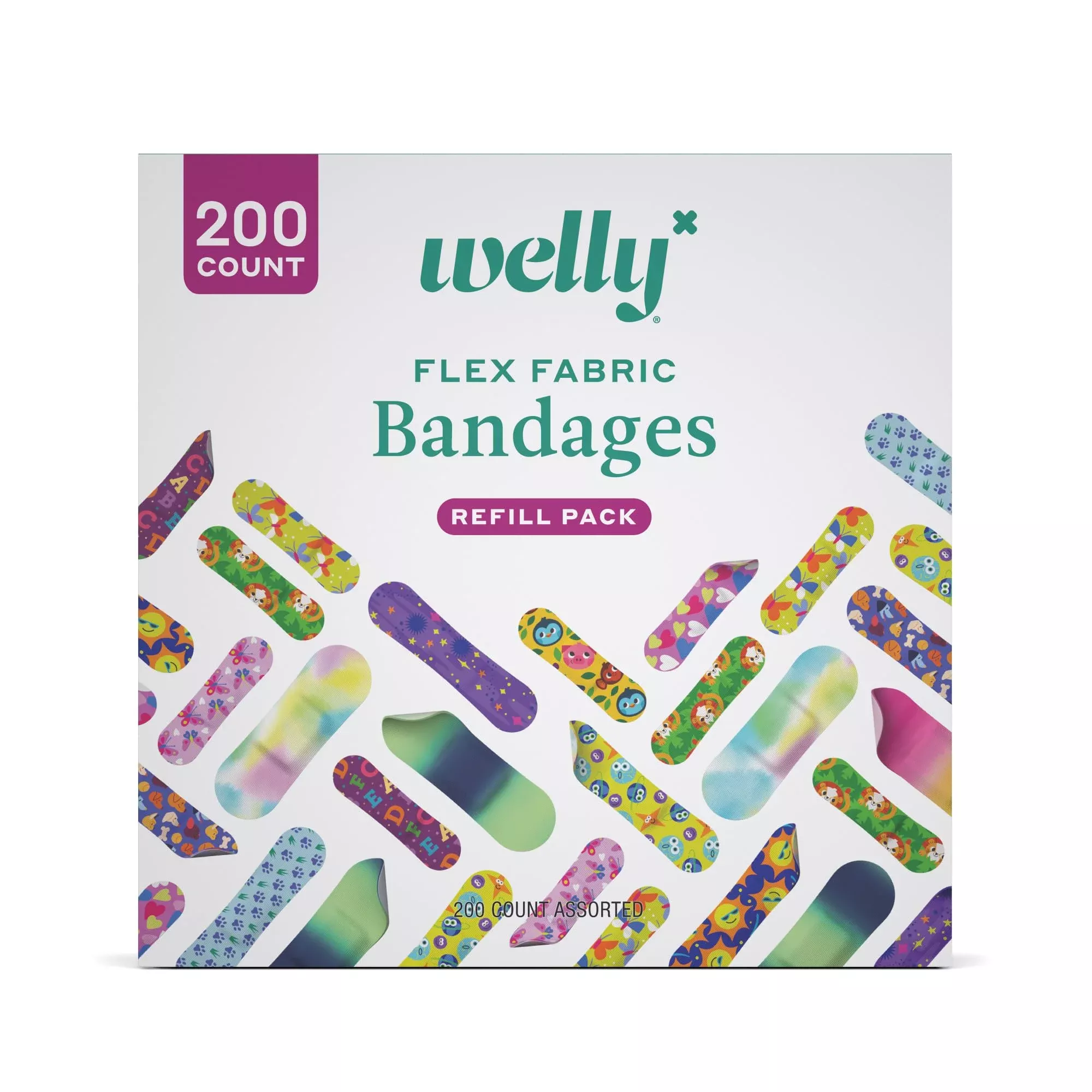 Welly Bandage Refill Ready Pack | Adhesive Flexible Fabric Bandages | Bulk Assorted Shapes and Patterns for Minor Cuts, Scrapes, and Wounds - 200 Count