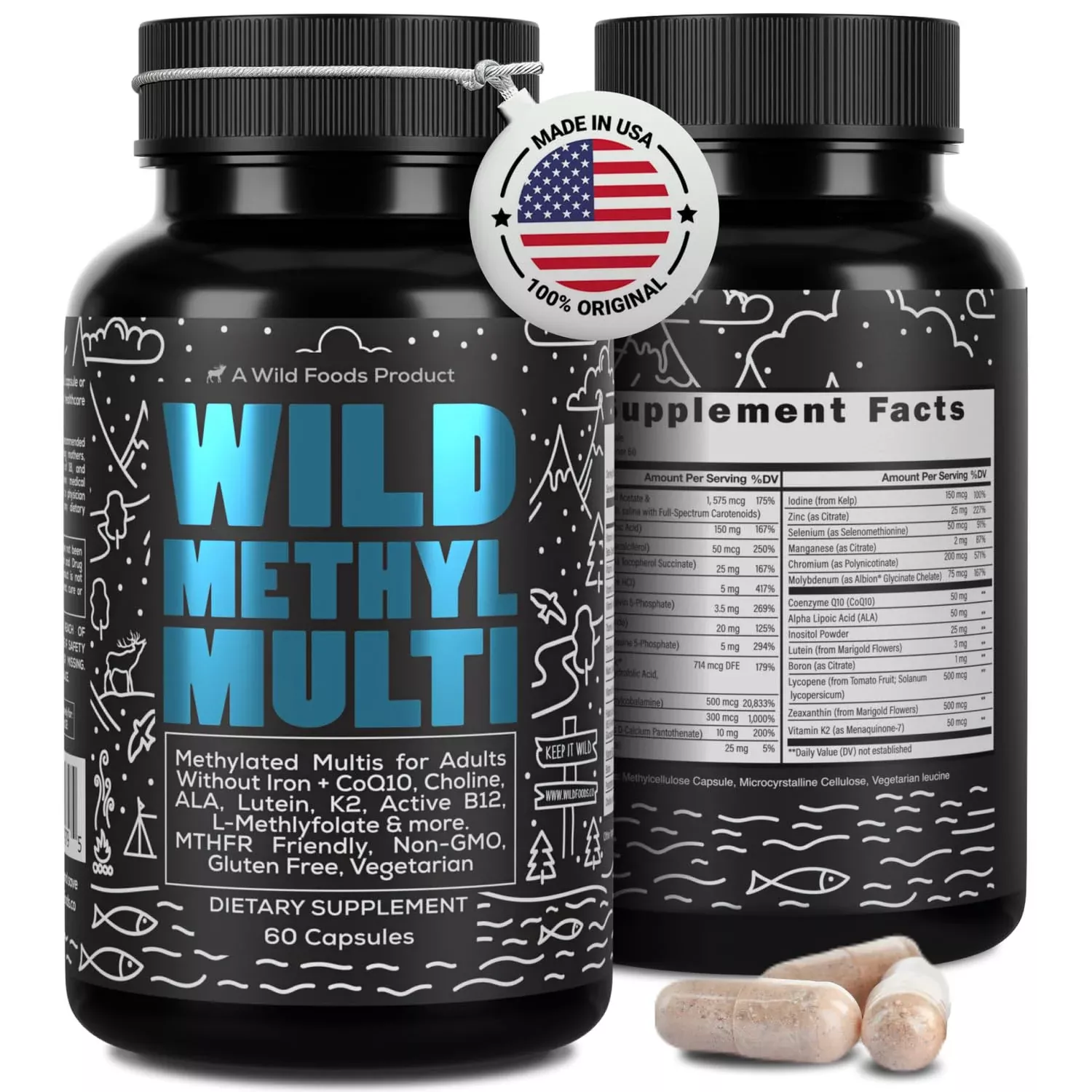 Wild Methylated Multivitamin for Women & Men | Daily Multi Vitamin | MTHFR Supplement Without Iron | Methylated B12, Folate, Vitamin C, A, K2, D, E, Choline, Biotin, ALA, CoQ10 & More (60 Capsules)