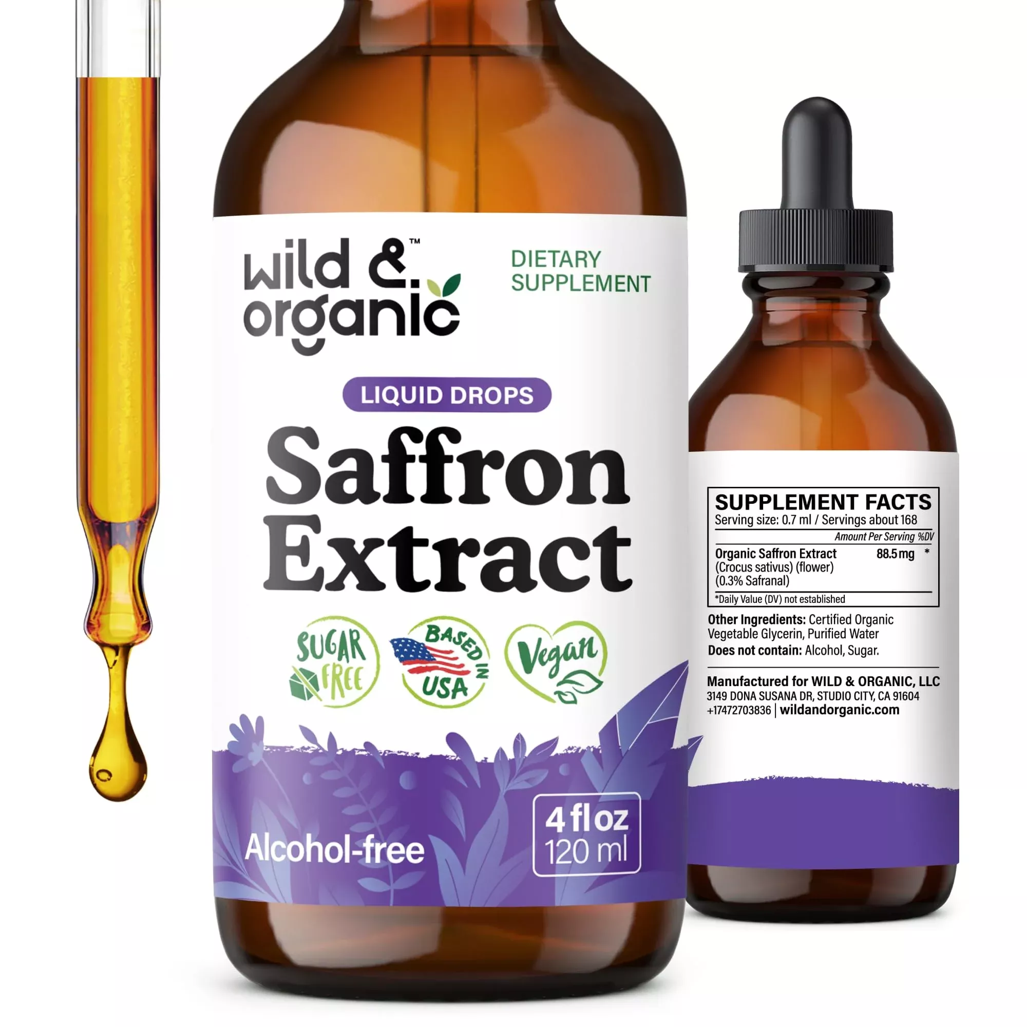 Wild & Organic Saffron Supplements 88.5 mg - Mood, Focus & Eye Support - Saffron Extract Liquid Drops - Add to Tea - 5-Month Supply - Crocus Sativus Herb - Vegan, Sugar & Alcohol-Free Tincture - 4 oz