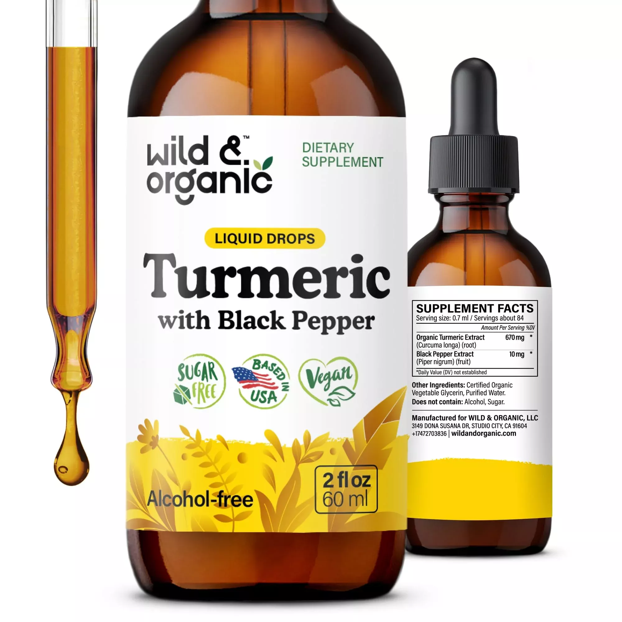 Wild & Organic Turmeric Curcumin Supplement with Black Pepper - Movement & Immune Support - Liquid Turmeric Curcumin with Black Pepper - Add to Tea Drops - Vegan, Sugar & Alcohol-Free Tincture - 2 oz