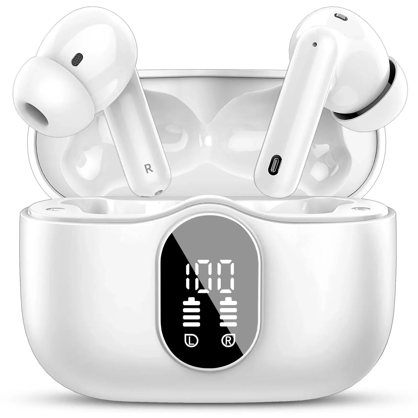 Wireless Earbuds, Bluetooth 5.4 Headphones Bass Stereo, Ear Buds with Noise Cancelling Mic, LED Display in Ear Earphones Clear Calls, IP7 Waterproof Bluetooth Earbuds for Phones /Sports /Laptop, White