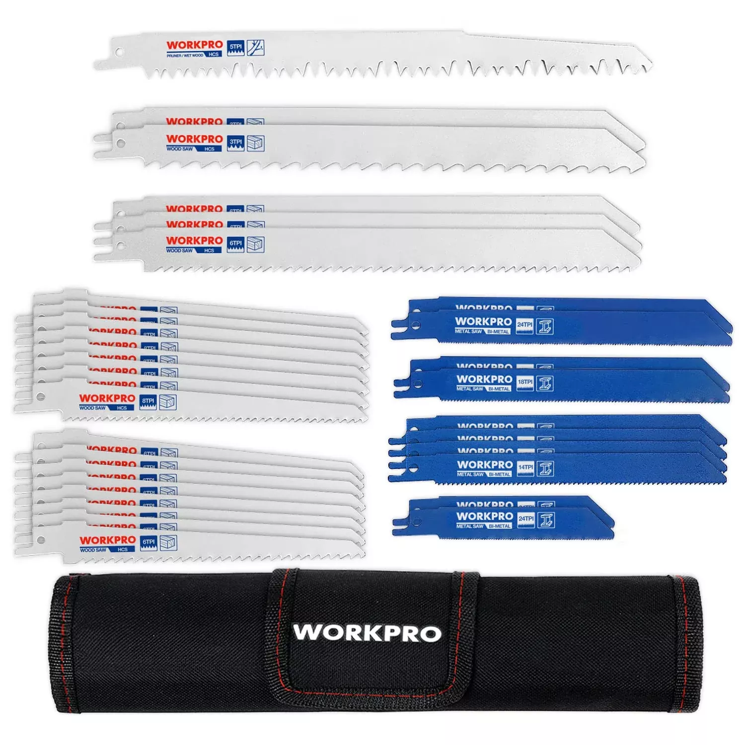 WORKPRO 32-Piece Reciprocating Saw Blade Set - Metal /Woodcutting Saw Blades, Pruner Saw Blades with Organizer Pouch