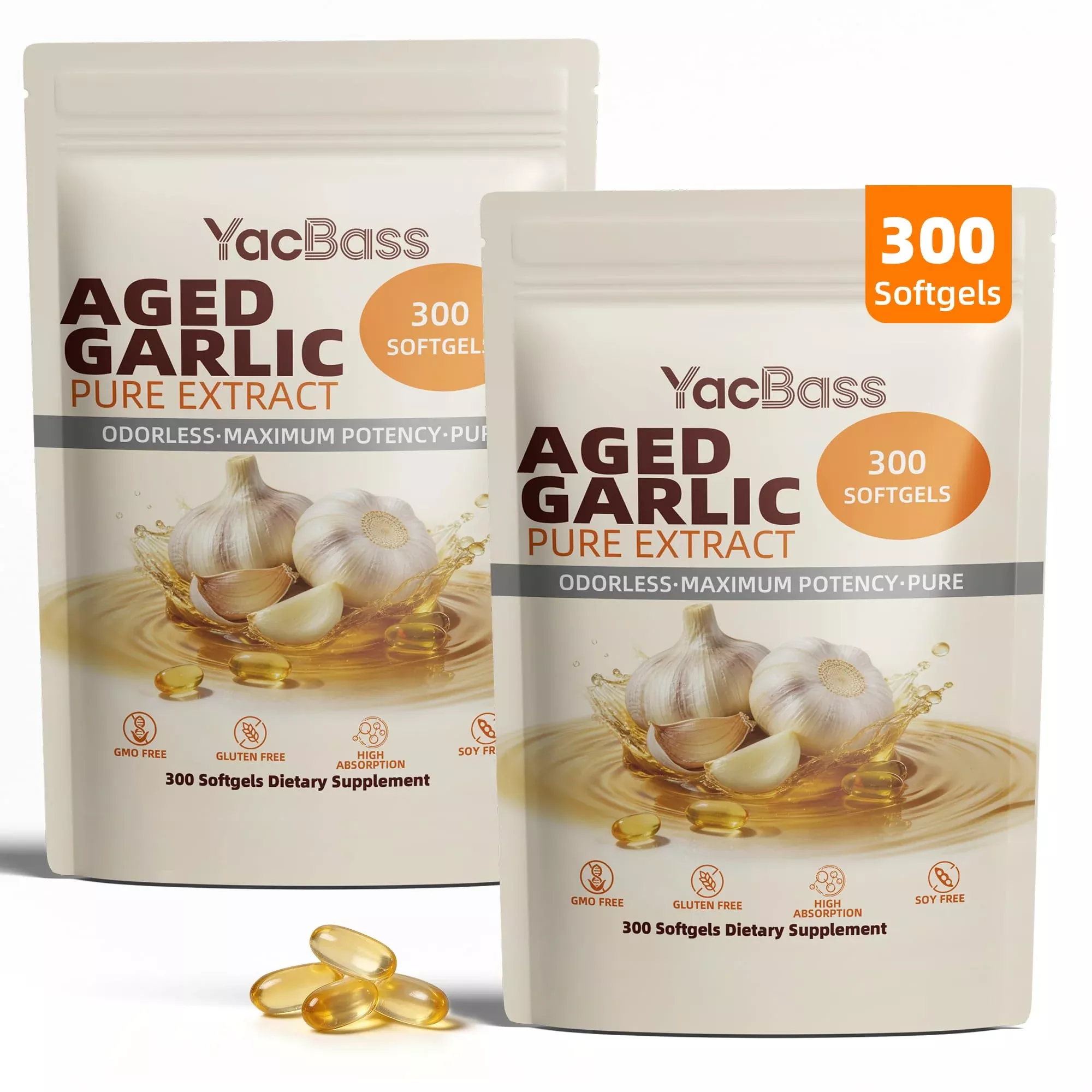 YacBass Aged Garlic Extract - 300 Softgels Odorless Garlic Supplement for Heart Health, Immune Support & Antioxidant Benefits,Non-GMO,Gluten Free(2 Pack)