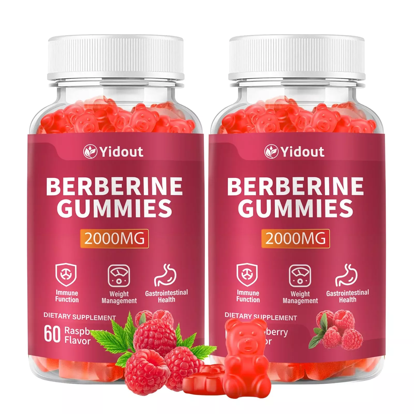 Yidout Berberine Gummies 2000mg-Natural High Potency Berberine HCL Supplement - Immune System & Metabolism Support - Vegan, Non-GMO - Delicious Raspberry Flavor (60 Count(Pack of 2))