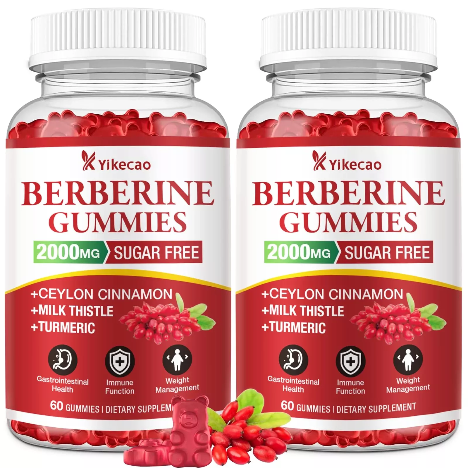 Yikecao 2 Pack Berberine Gummies with Ceylon Cinnamon, 2000mg Berberine HCL Supplement for Women & Men, Sugar Free, Vegan, Non-GMO, Gluten-Free, Raspberry Flavor-120 Count