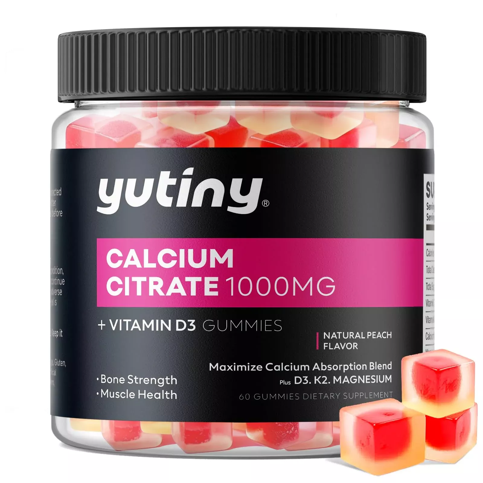 Yutiny Calcium Citrate Filled Gummies, Extra Absorption Calcium Citrate 1000mg with Vitamin D3, K2 & Magnesium, Chewable Supplement for Bone, Muscle Health, 60 Count
