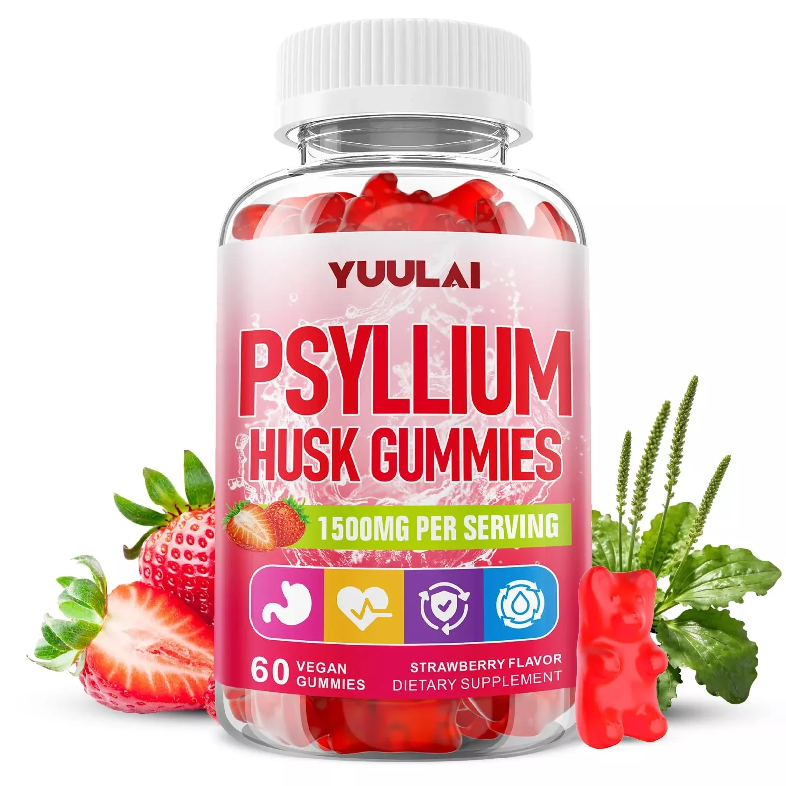 YUULAI Psyllium Husk Gummies, Psyllium Husk Fiber Supplement, Vegan, Sugar Free, 60 Count