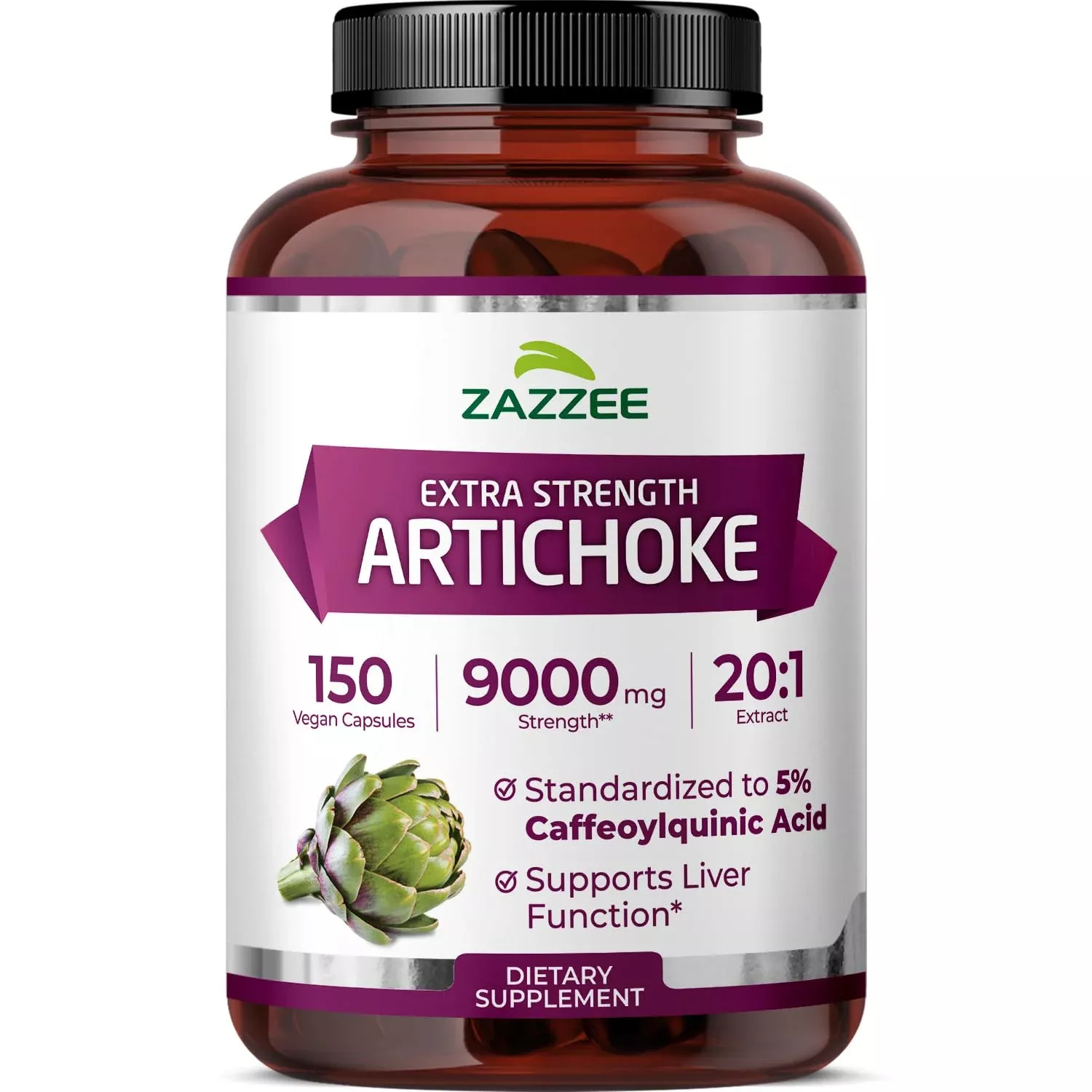 Zazzee Extra Strength Artichoke 20:1 Extract, 5% Caffeoylquinic Acid, 150 Vegan Capsules, 5 Month Supply, Cynara Scolymus, Digestive & Liver Detox Support, Herbal Supplement, Non-GMO, Made in the USA