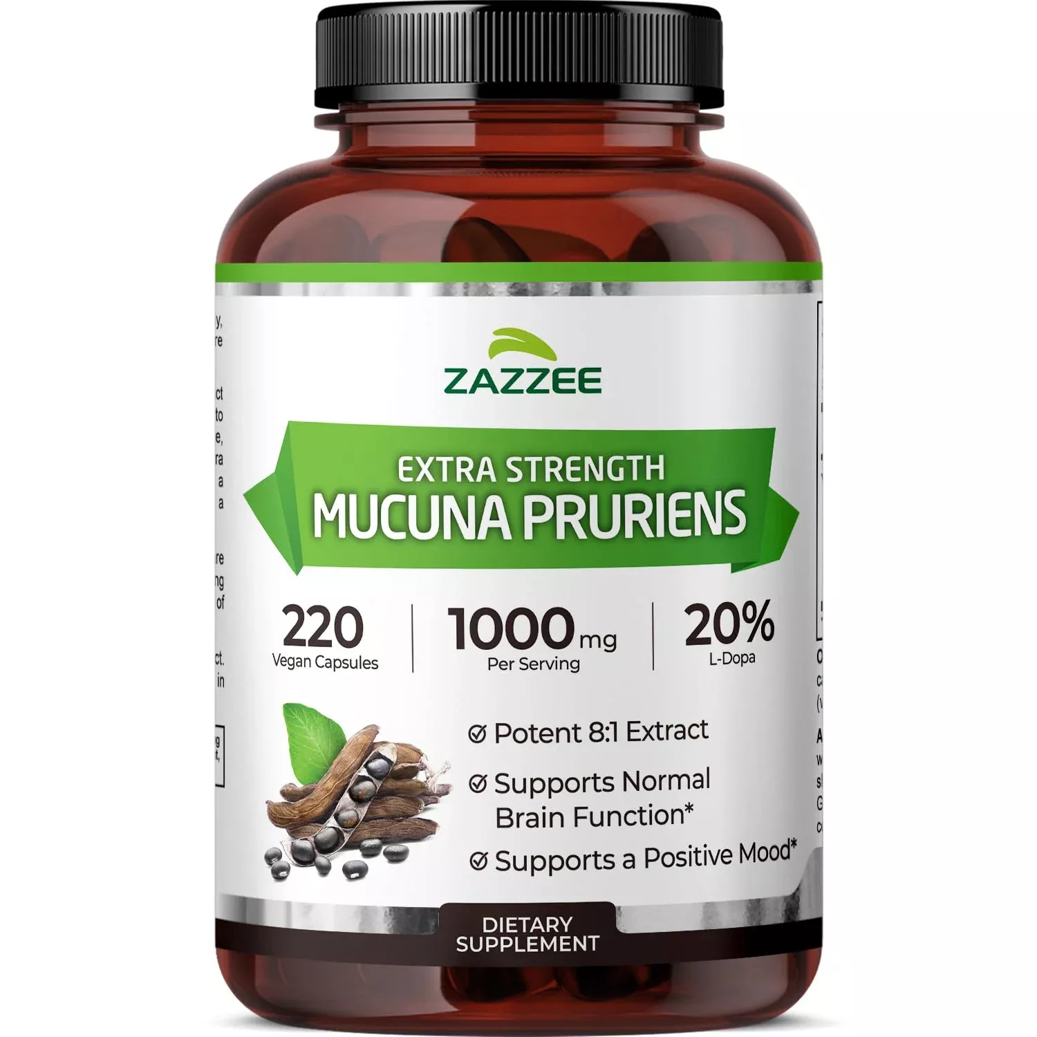 Zazzee Extra Strength Mucuna Pruriens 8:1 Extract, Minimum 20% L-Dopa, 1000 mg, 220 Vegan Capsules, 110 Day Supply, Concentrated and Standardized 8X Extract, 100% Vegetarian, All-Natural and Non-GMO
