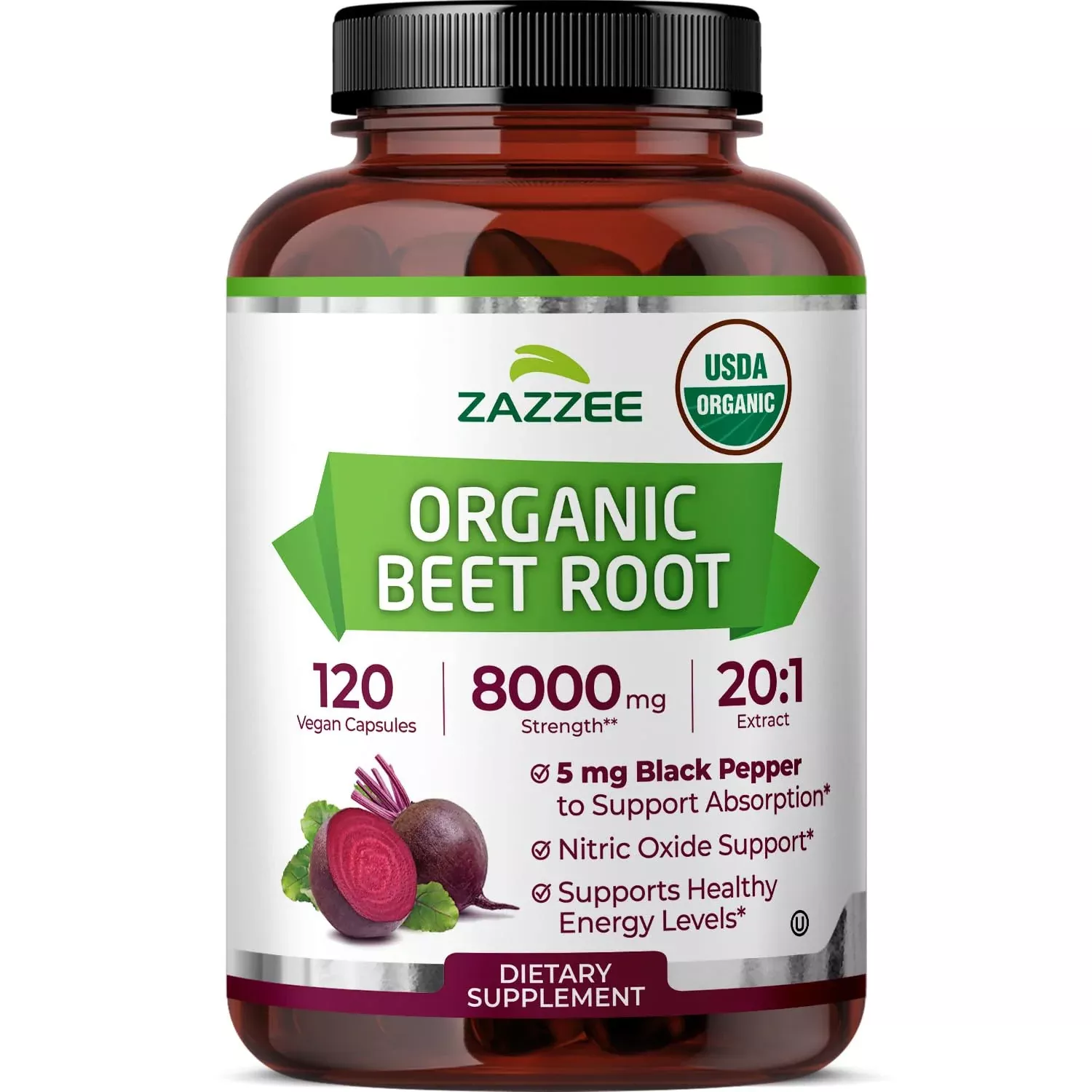 Zazzee USDA Organic Beet Root 20:1 Extract, 120 Vegan Quick Release Capsules, 4 Month Supply, Nitric Oxide Support, Black Pepper Extract for Enhanced Absorption, Certified Kosher, Non-GMO, Made in USA