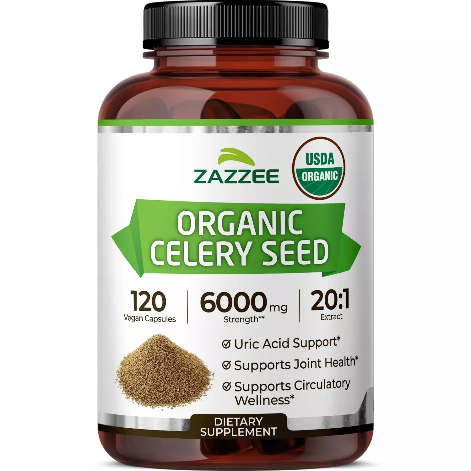 Zazzee USDA Organic Celery Seed 20:1 Extract, 120 Vegan Capsules, 4 Month Supply, Apium Graveolens, Antioxidant & Cellular Support, Organic Herbal Supplement, All-Natural, Non-GMO, Made in the USA
