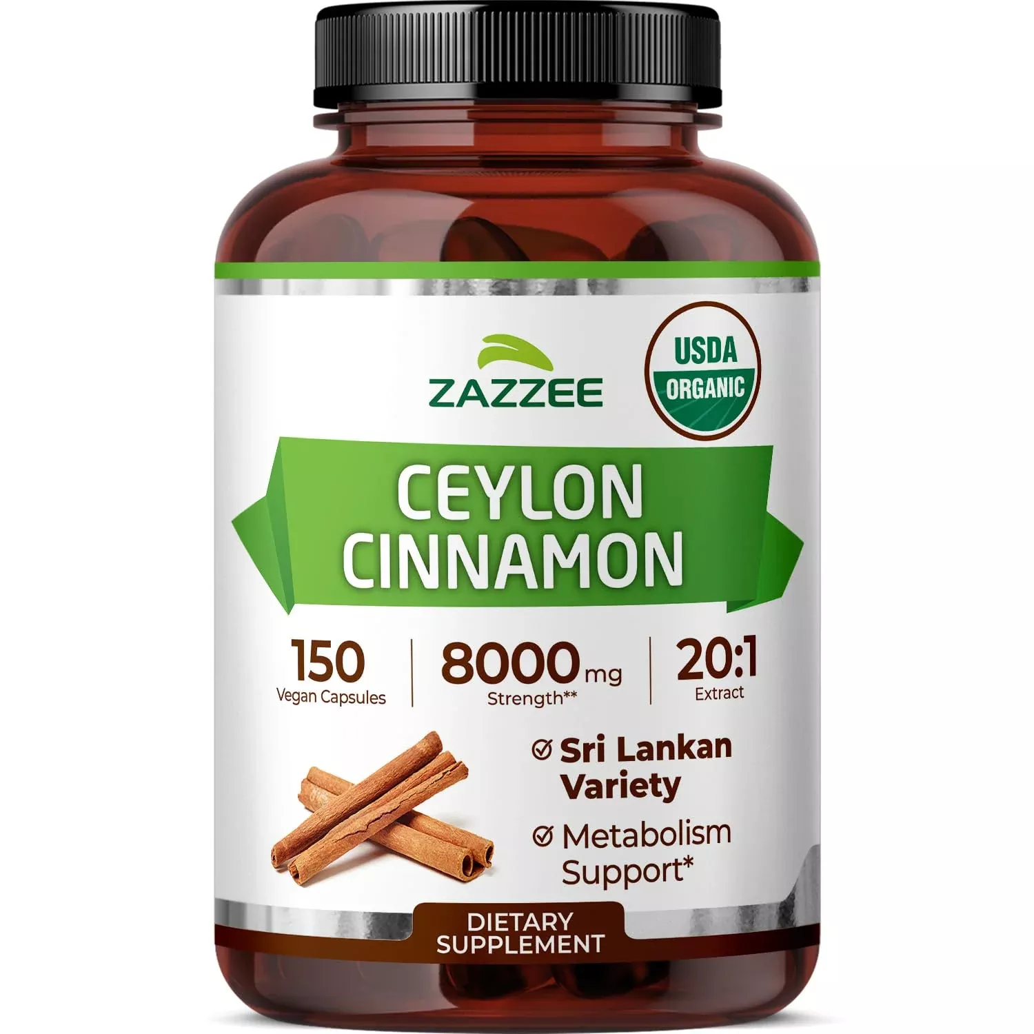 Zazzee USDA Organic Ceylon Cinnamon 20:1 Extract, 150 Vegan Capsules, 5 Month Supply, Sri Lankan Variety, Cinnamomum Verum, Antioxidant & Metabolic Support, All-Natural, Non-GMO, Made in the USA