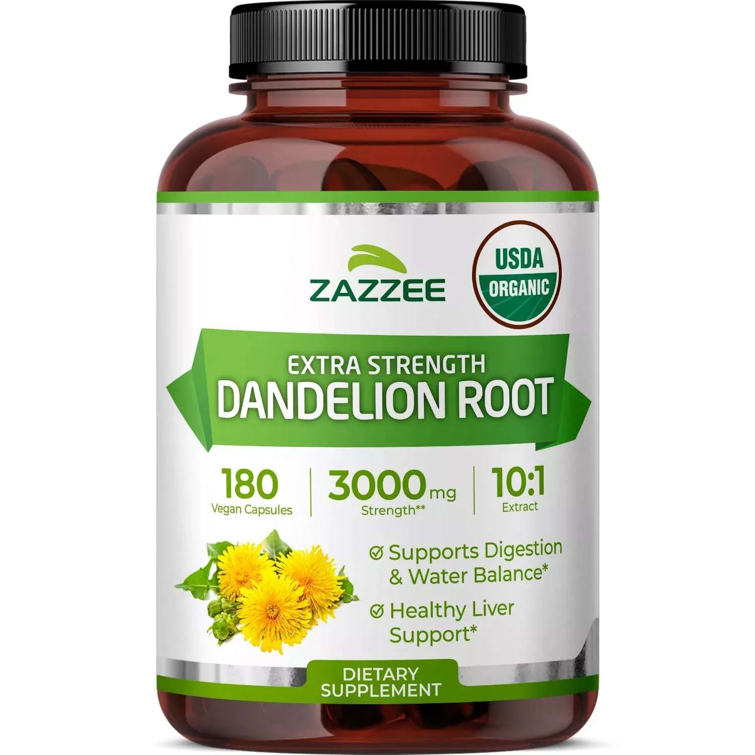 Zazzee USDA Organic Dandelion Root 10:1 Extract, 180 Capsules, 6 Month Supply, Liver & Detox Support, Taraxacum Officinale, Organic Herbal Supplement, All-Natural, Non-GMO, Made in the USA