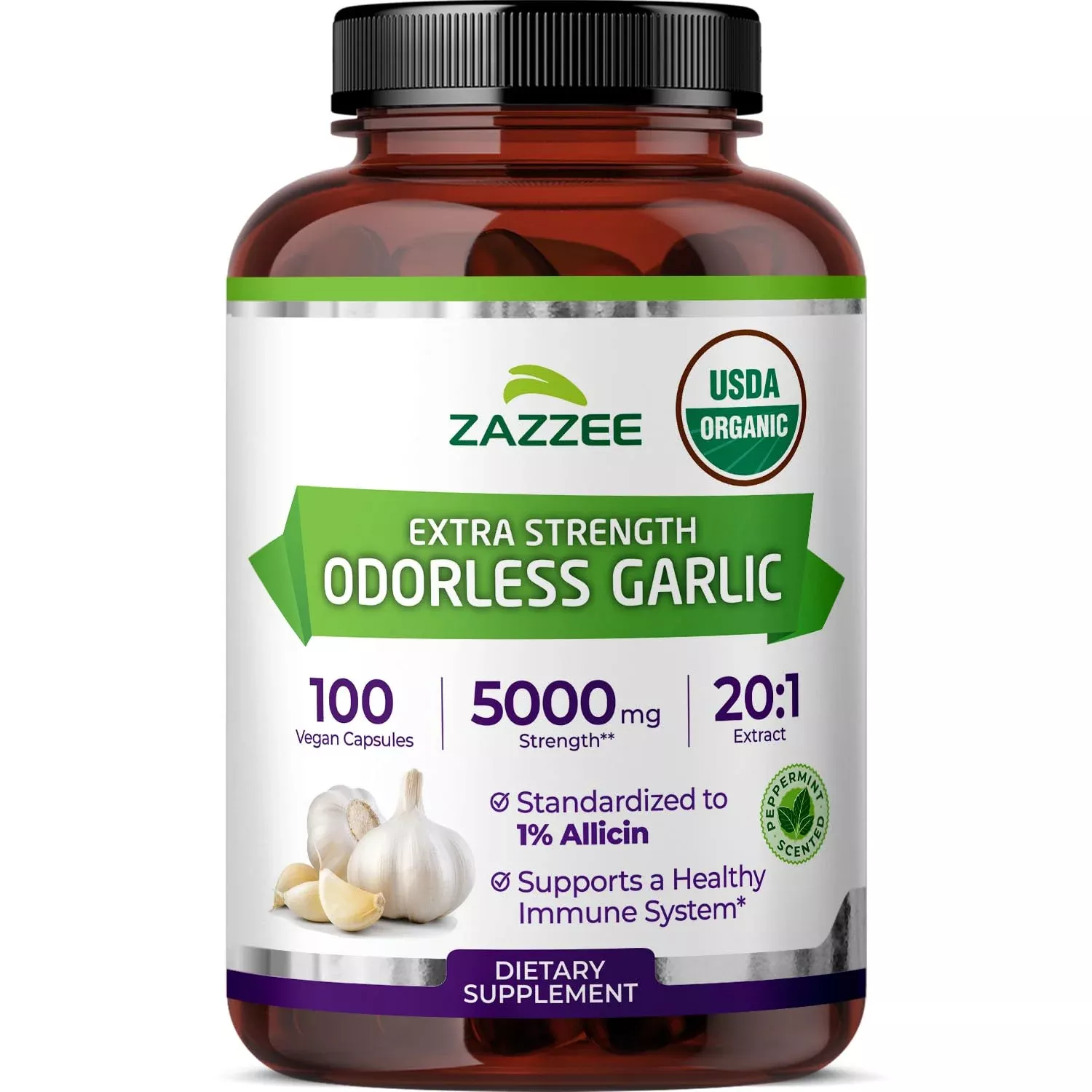 Zazzee USDA Organic Odorless Garlic 20:1 Extract, 1% Allicin, 100 Vegan Capsules, 3+ Month Supply, Allium Sativum, Immune, Circulation & Heart Health Support, All-Natural, Non-GMO, Made in the USA