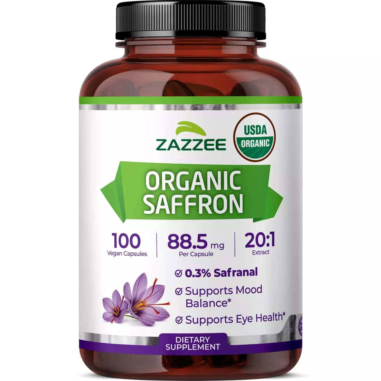 Zazzee USDA Organic Saffron 20:1 Extract, 88.5 mg, 0.3% Safranal, 100 Vegan Capsules, 3+ Month Supply, Concentrated and Standardized 20X Extract, Non-GMO, All-Natural, Made in the USA