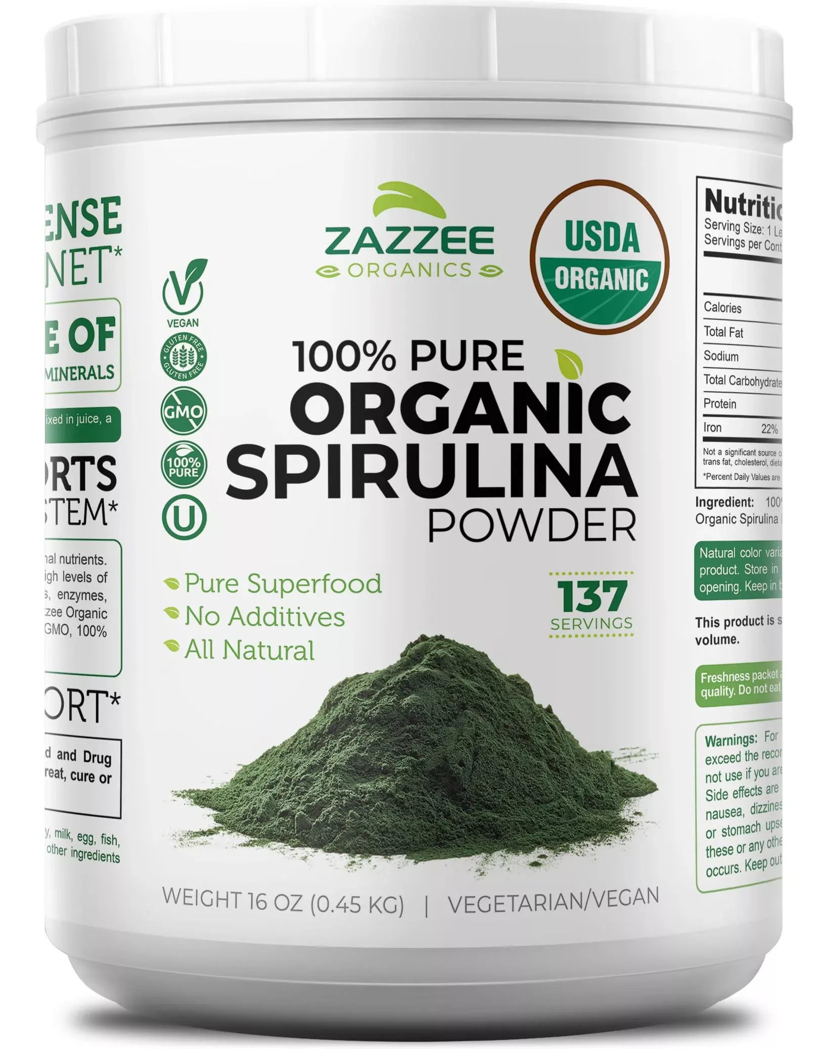 Zazzee USDA Organic Spirulina Powder, 16 Ounces (1 LB), 137 Servings, Certified Kosher, 100% Pure, Non-Irradiated, Mess-Free Wide Mouth Container, Fresh Smell and Neutral Taste, Non-GMO, Made in USA
