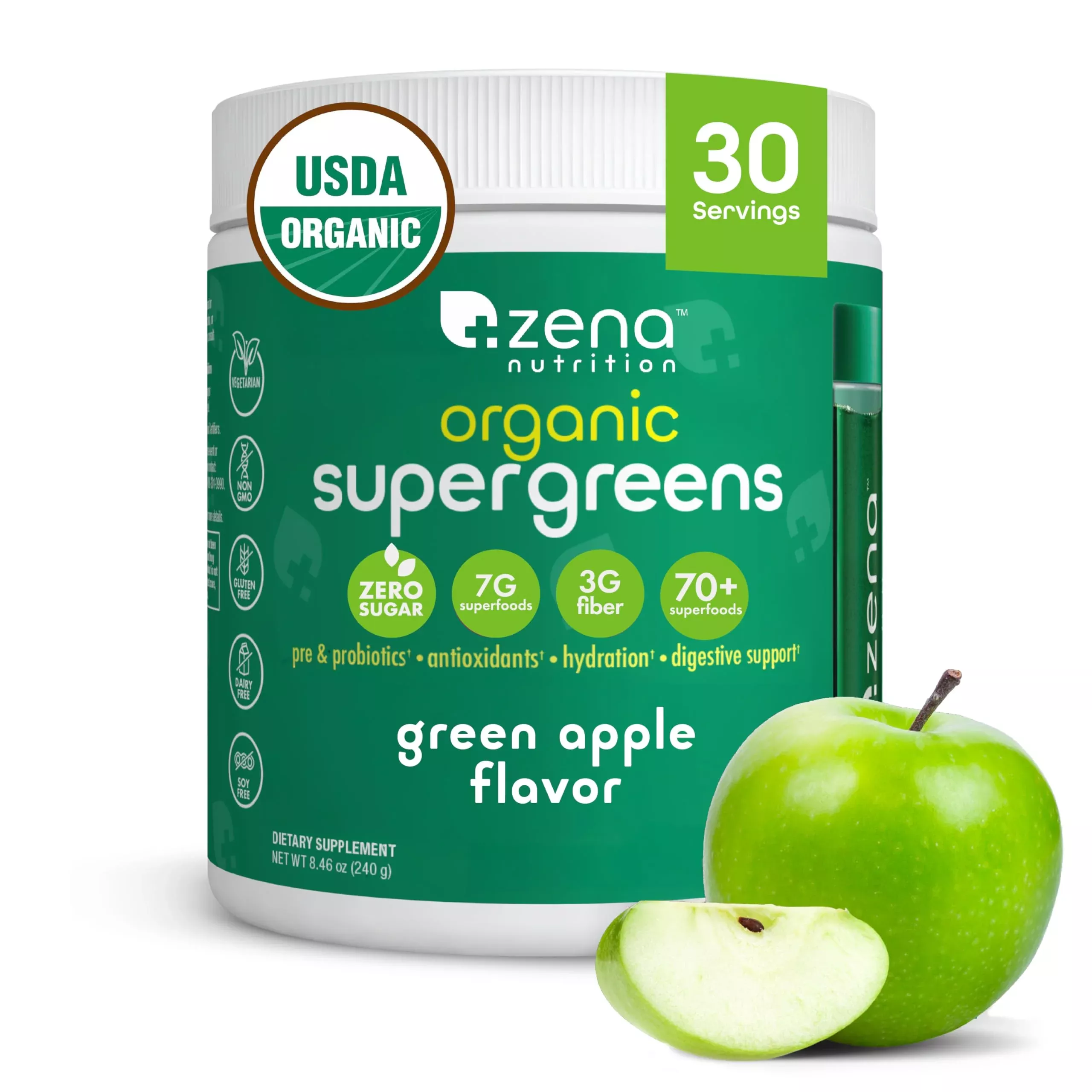 Zena Nutrition Organic Super Greens Powder, 70+ Superfoods, 0 Sugar, 3g Fiber, Spirulina, Chlorella, Mushrooms, Prebiotics /Probiotics, Digestive Enzymes, Gut Health, Mixed Berry, 30 Drink Mix Packets