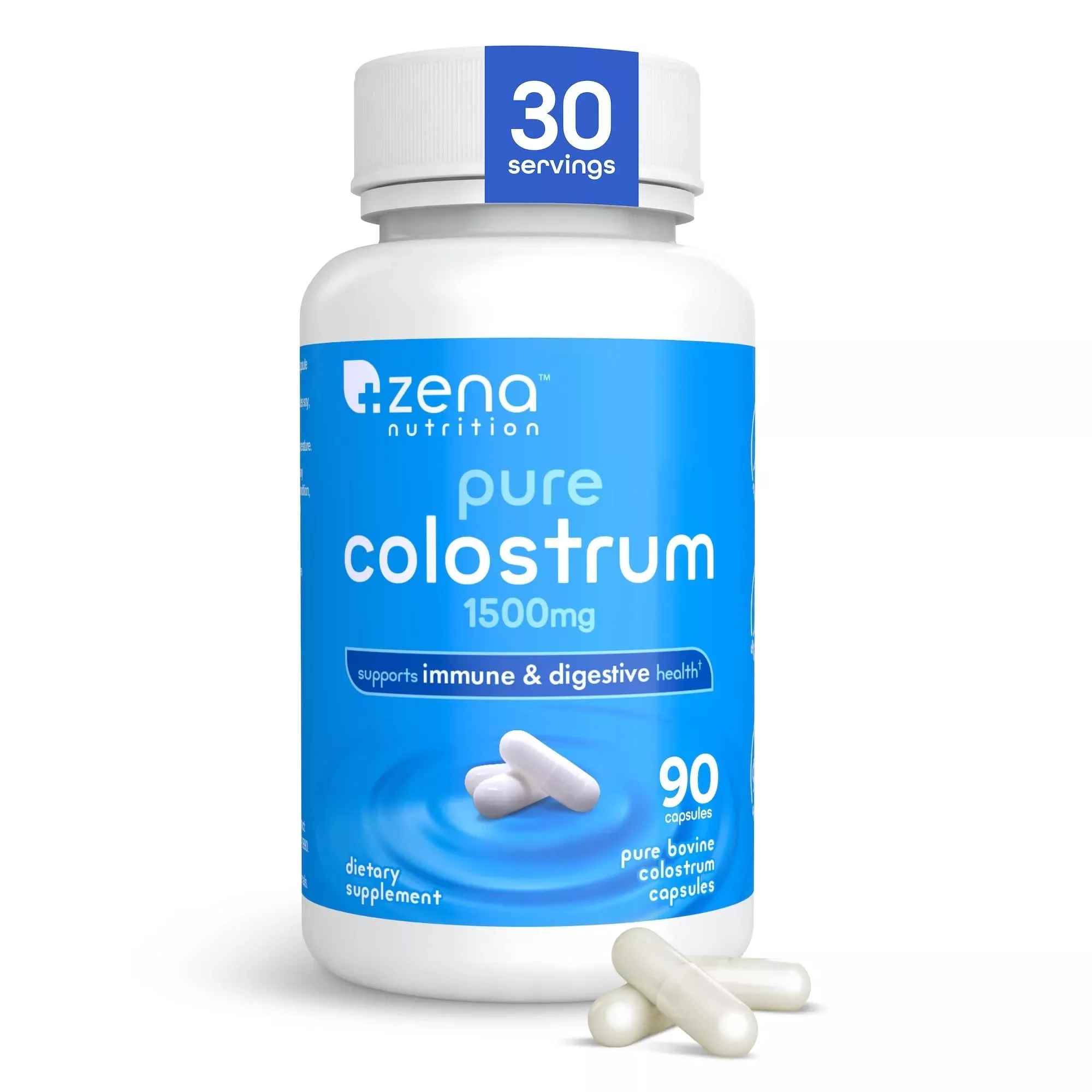 Zena Nutrition Pure Colostrum Capsules, 1500mg Supplement, Grass Fed Bovine Colostrum, Supports Immune and Digestive Health, Promotes Gut Health, Gluten Free, Fat Free, 1 Month Supply, 90 Capsules