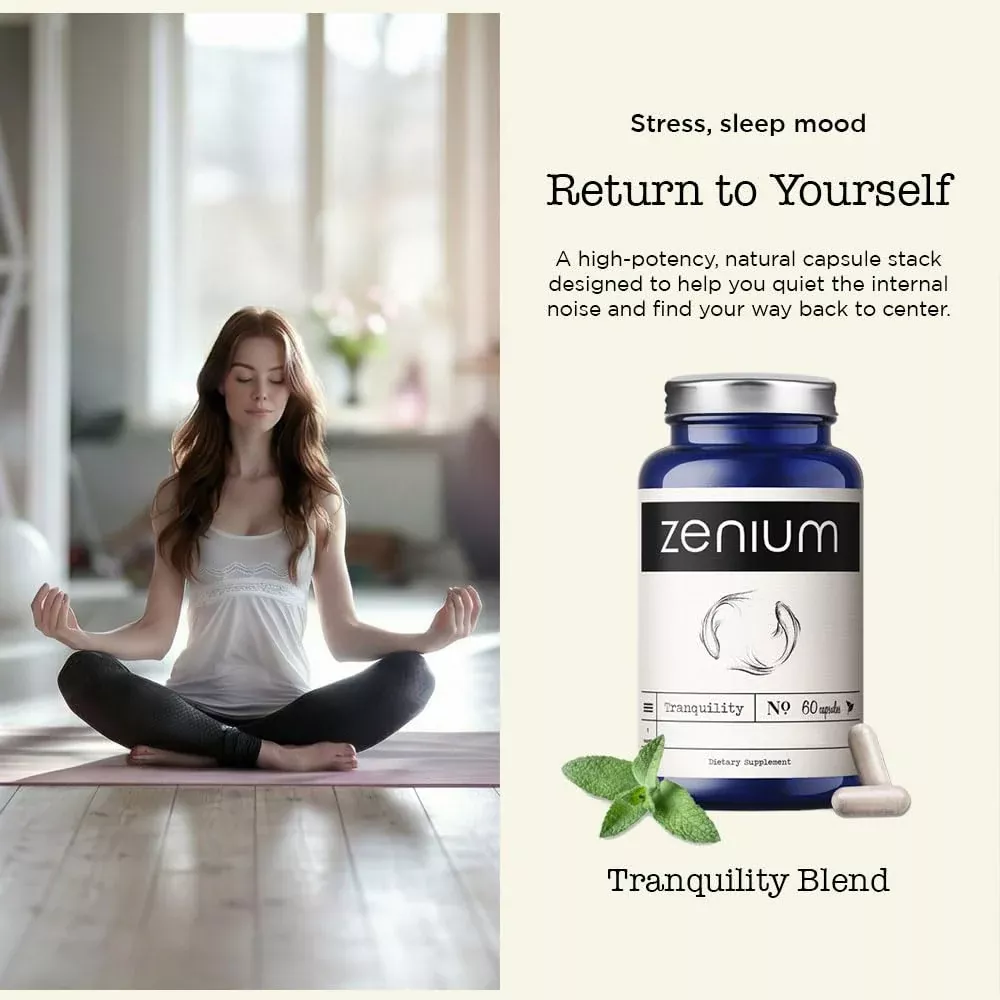 Zenium Stress Relief Supplement Supports Mood & Mental Focus - Feel Calm & Relaxed - Eases Tension & Nervousness - Ashwagandha, Magnesium & L-Theanine - Sarpagandha Inspired - 60 Capsules