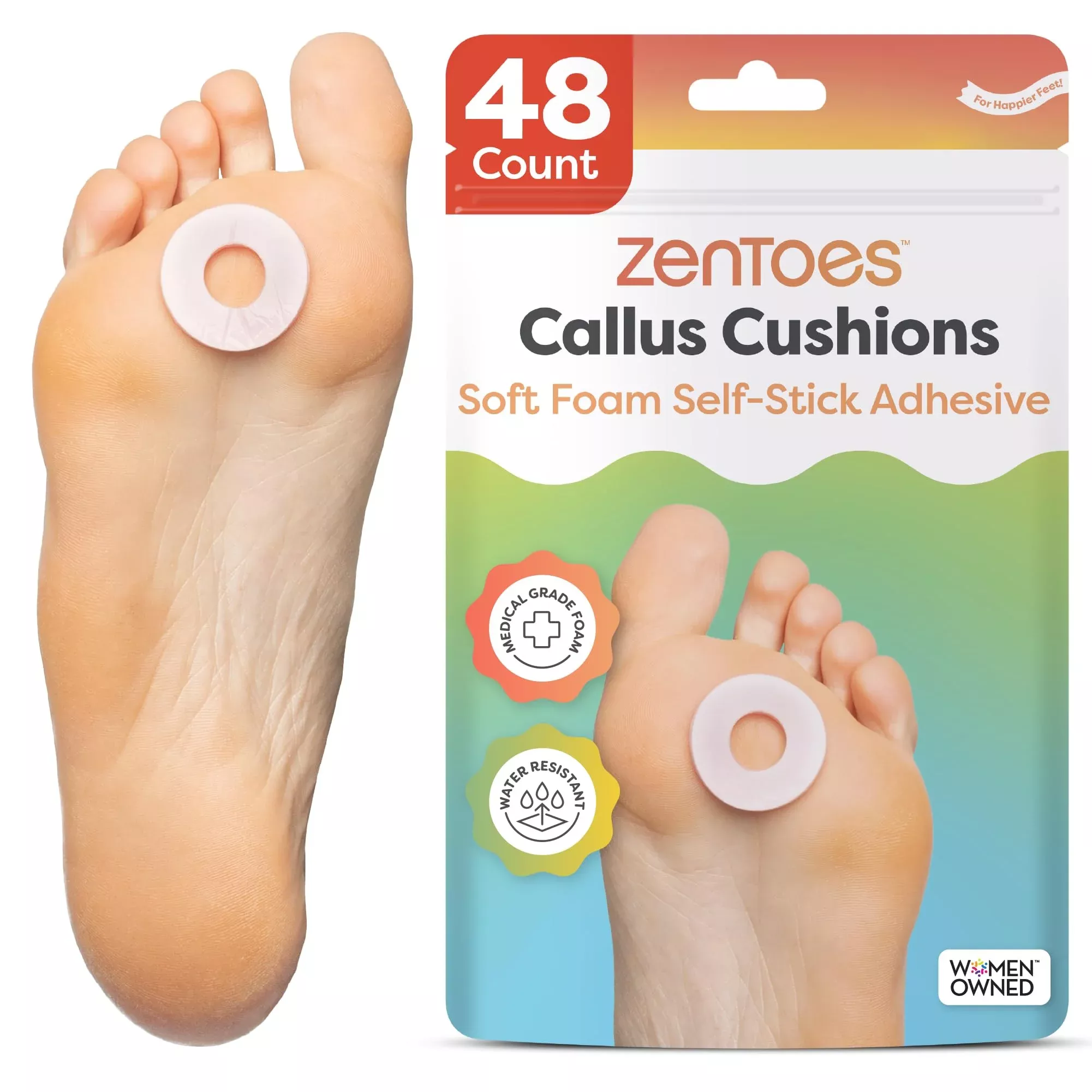 ZenToes Callus Cushions | Water-Resistant Self-Stick Adhesive Corn Pads | Foot, Heel, & Toe Discomfort Relief | Soft Foam for Friction Protection | Ideal for Active Lifestyles | 48-Pack