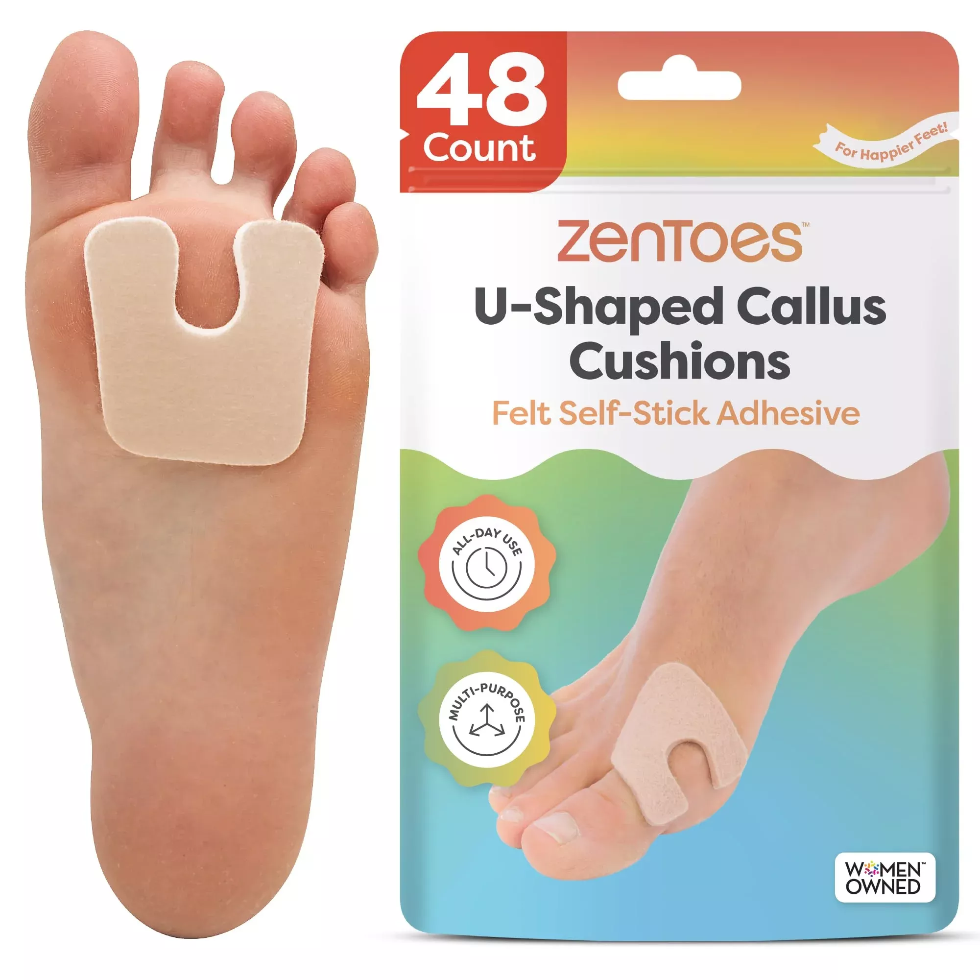 ZenToes Callus Pads | U-Shaped Design Moleskin Blister Pads | Self-Stick Adhesive Felt All Day Comfort Cushions for Calluses and Corns | Reduce Pressure and Friction | 48 Count (Beige)