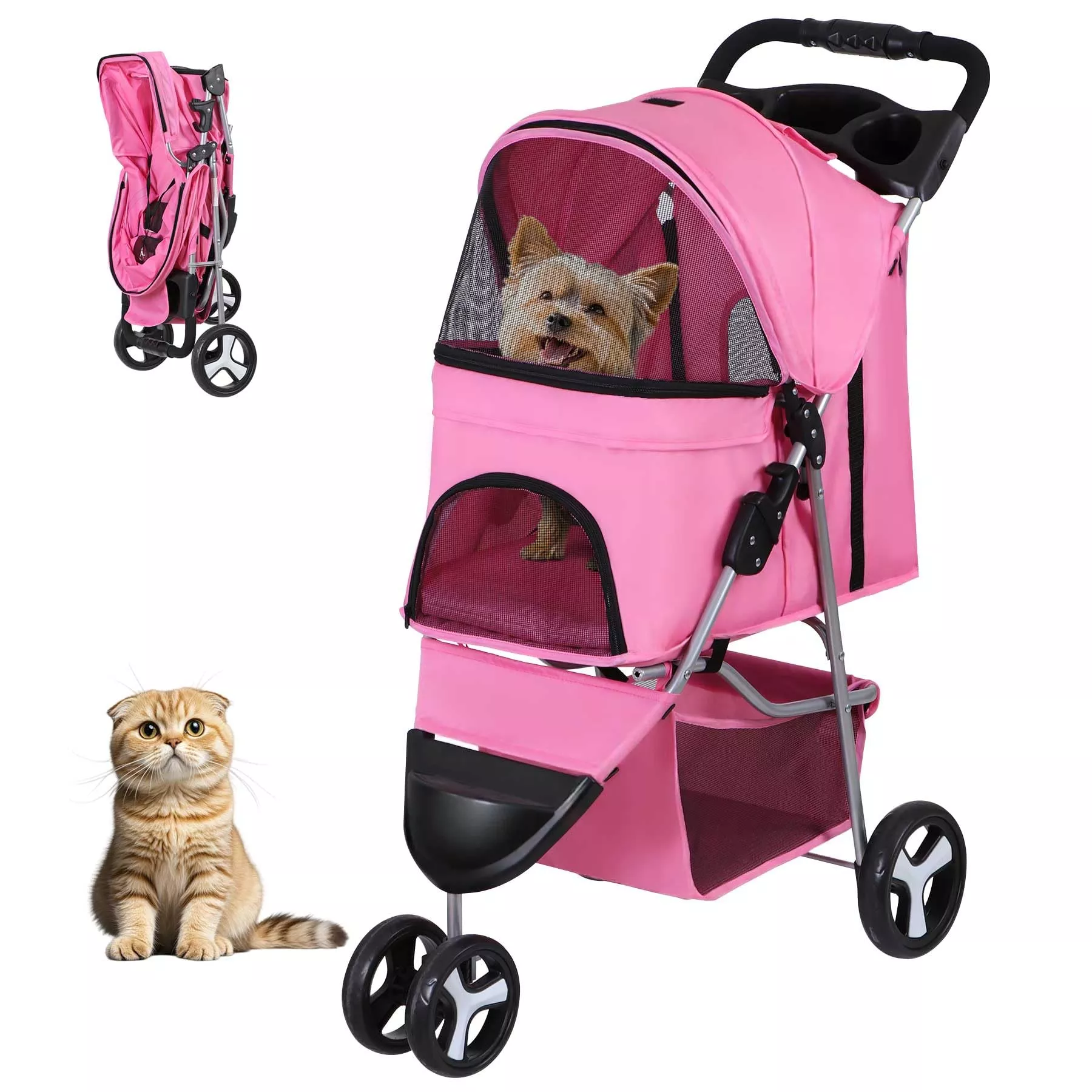 ZENY Foldable Pet Stroller, Cat /Dog Stroller with 3 Wheel, Pet Strolling Cart, Dog Travel Carrier with Storage Basket + Cup Holder (Blue)