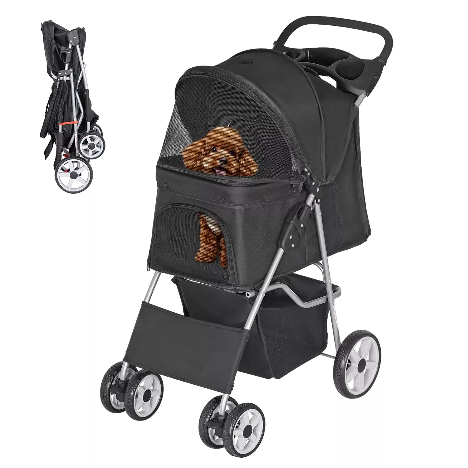 ZENY Foldable Pet Stroller, Cat /Dog Stroller with 4 Wheel, Pet Travel Carrier Strolling Cart with Storage Basket, Cup Holder (Grey)
