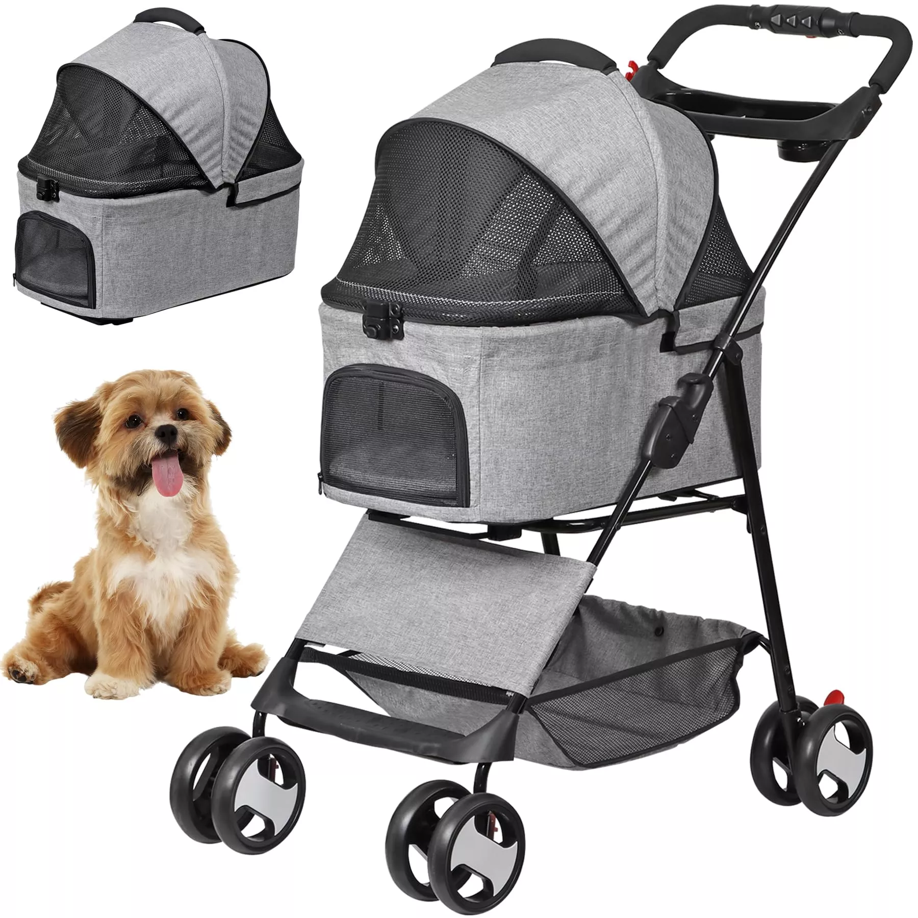 ZENY Pet Stroller, 3 in1 Foldable Dog Cat Jogger Stroller with 4 Wheels, Detachable Basket and Cup Holder, Travel Folding Carrier for Small /Medium Pet (Gray)