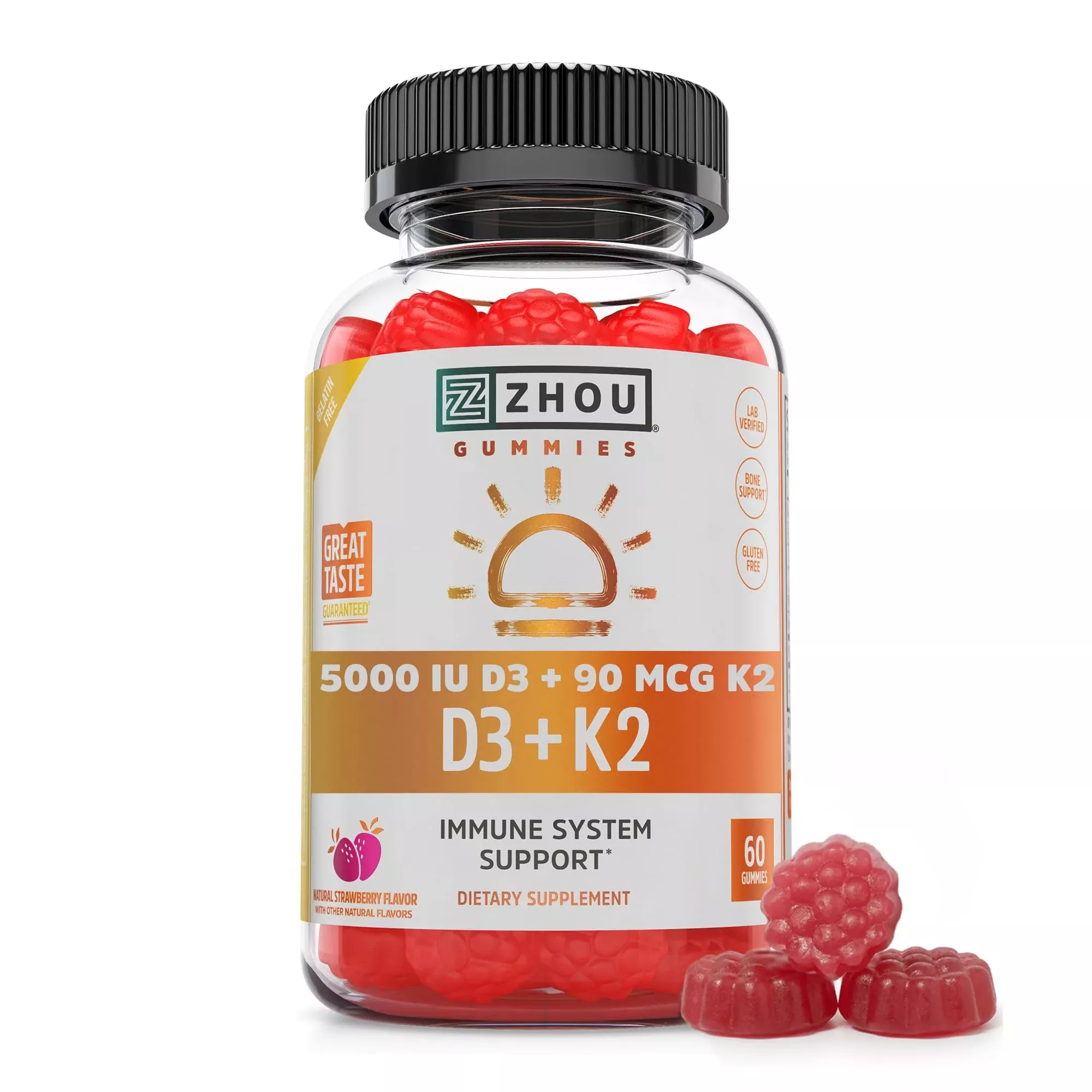 Zhou D3+K2 - Vitamin D3 K2 Supplement for Women & Men, Immune Support Vit D3 and K2 Gummy, Gelatin Free Formula with 5000 IU of D3 and MK-7 - 60 Veggie Gummies (Pack of 1)