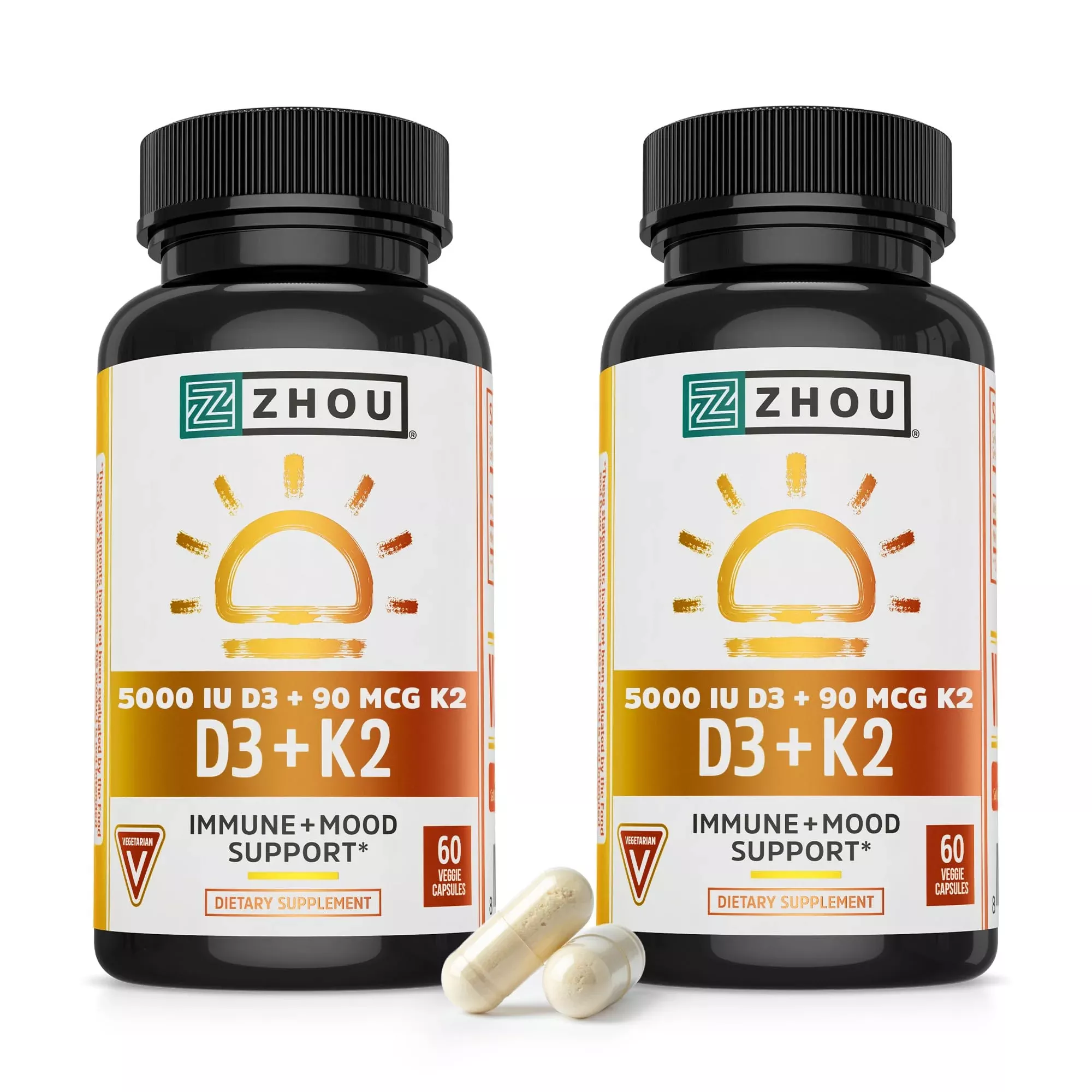 ZHOU D3+K2 - Vitamin D3 K2 Supplement for Women & Men, Immune Support VIT D3 and K2 Supplements, Pure Vegetarian Formula with 5000 IU of VIT D and MK-7-60 Veggie Capsules (Pack of 2)