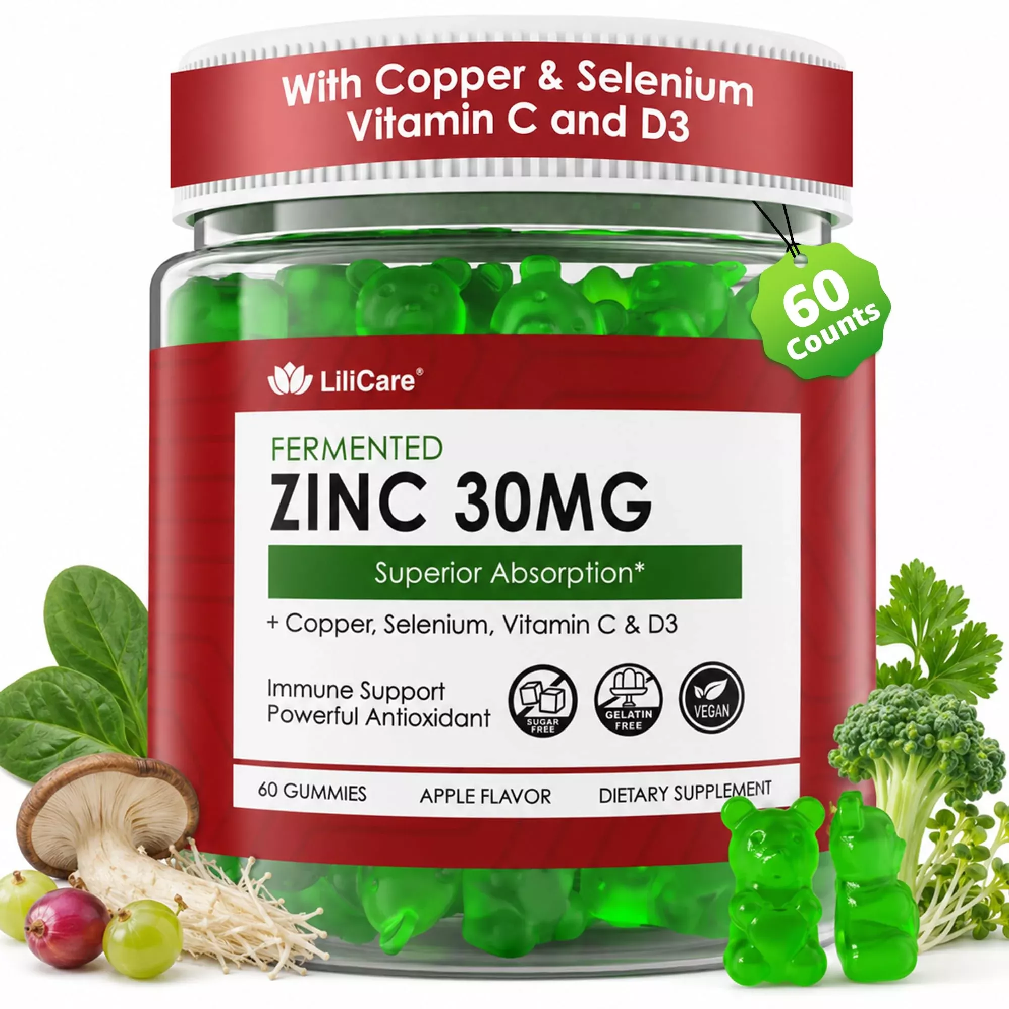 Zinc Gummies + Copper, Selenium, Vitamin C & D3, Fermented Zinc Supplements for Women & Men with Elderberry for Daily Immune Support, Powerful Antioxidant, Superior Absorption, Vegan, No Sugar, 60 Cts