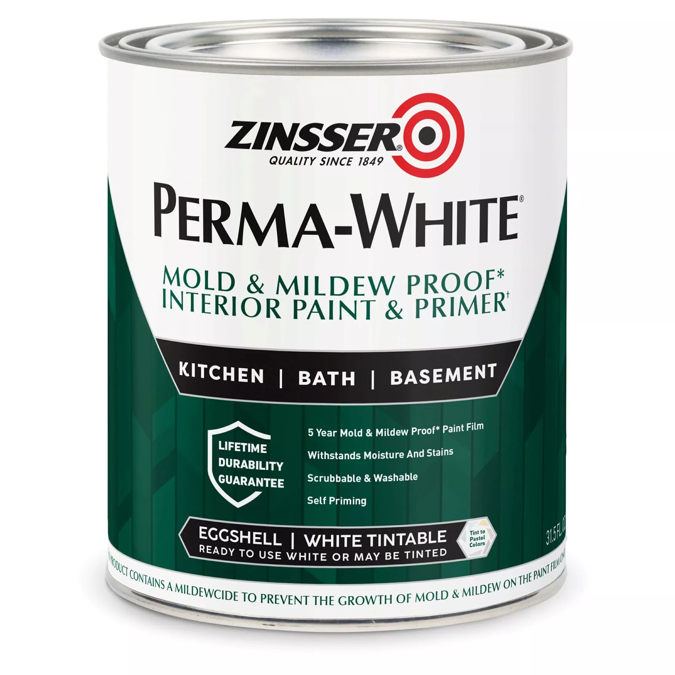 Zinsser 02774 PERMA-WHITE Mold & Mildew Proof Interior Paint, Quart, Eggshell White