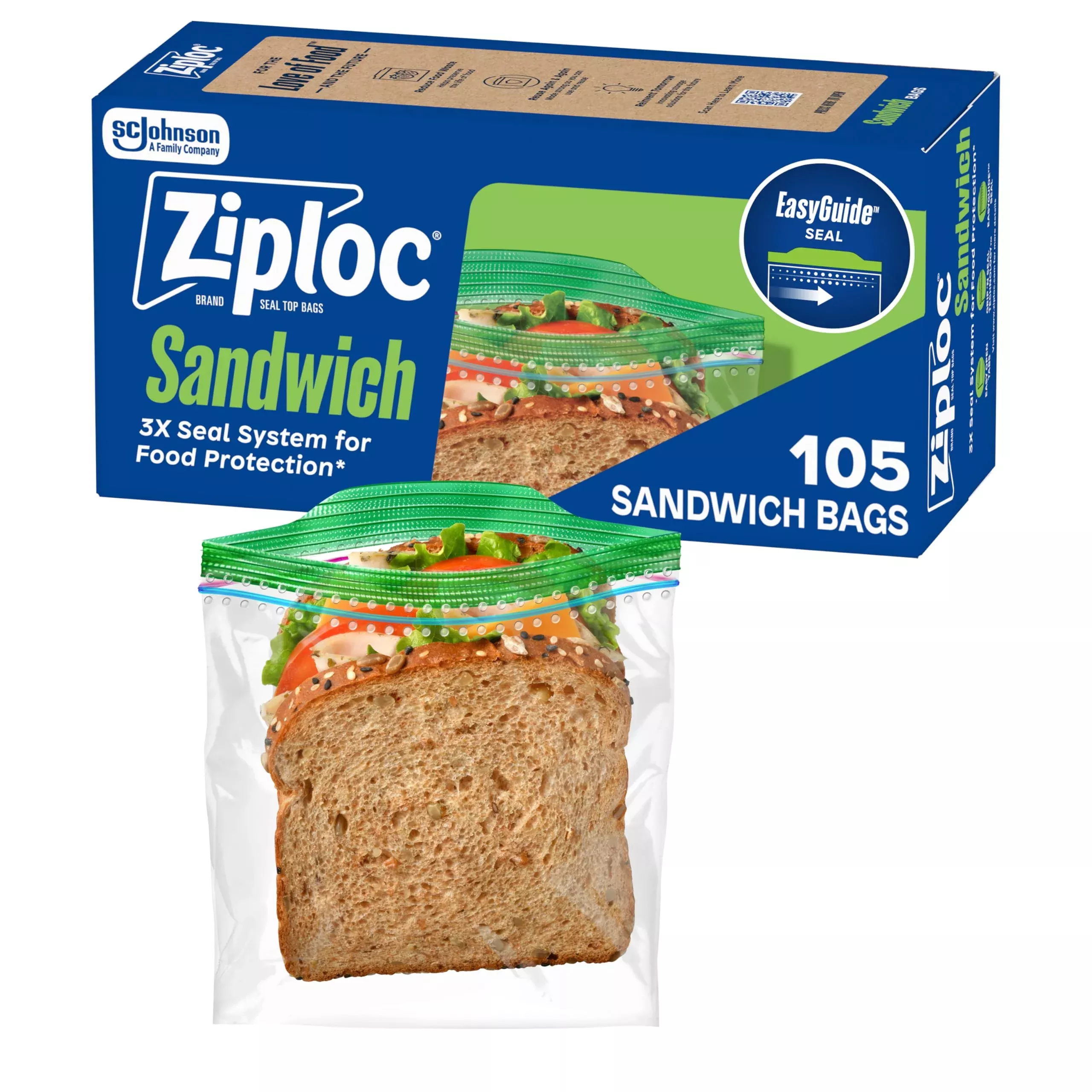 Ziploc Sandwich and Snack Bags, Easy Open and Close, Plastic Food Storage Bags, 105 Bags Total